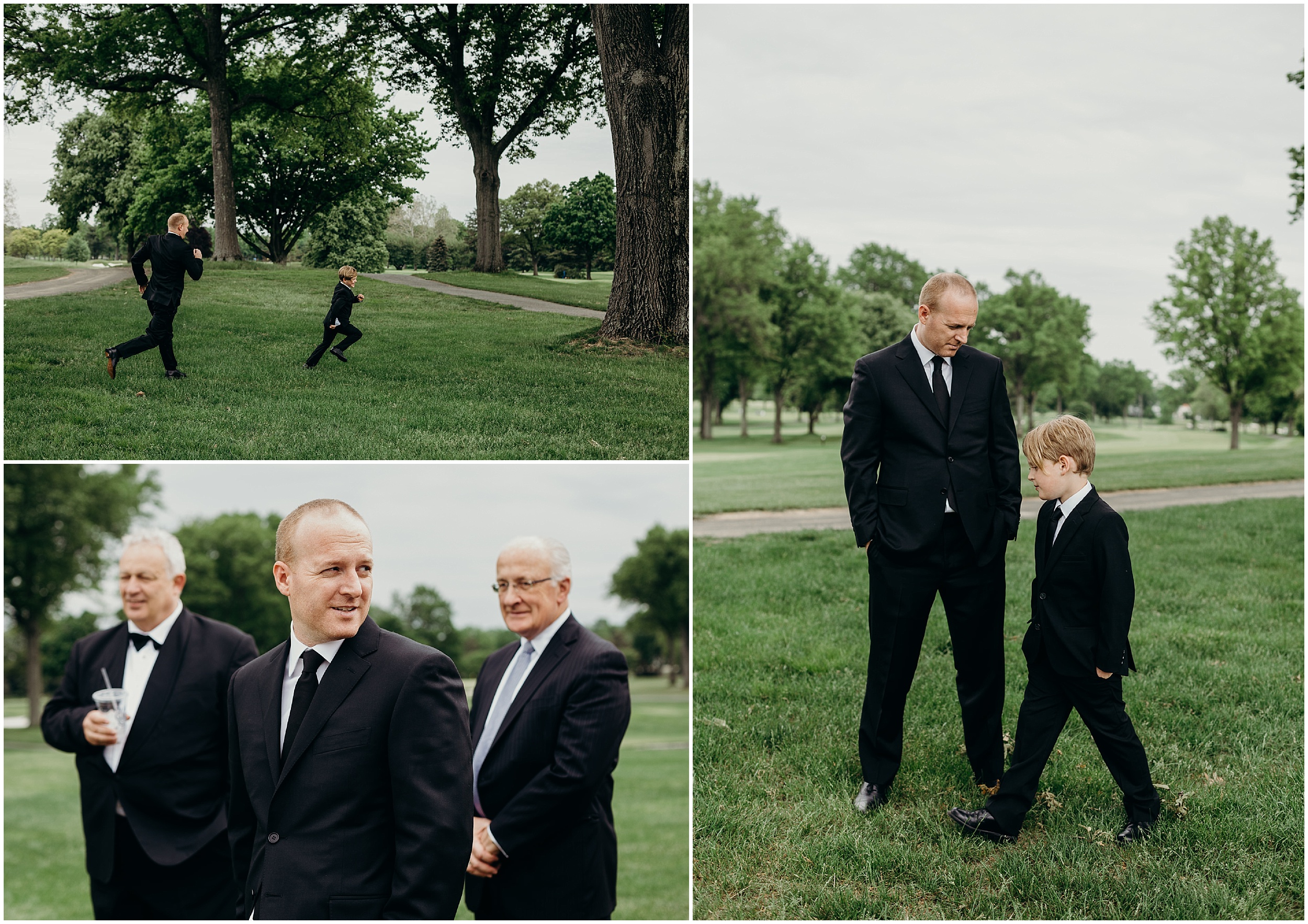 a collage of photographs of a groom at the upper montclair country club in montclair, new jersey