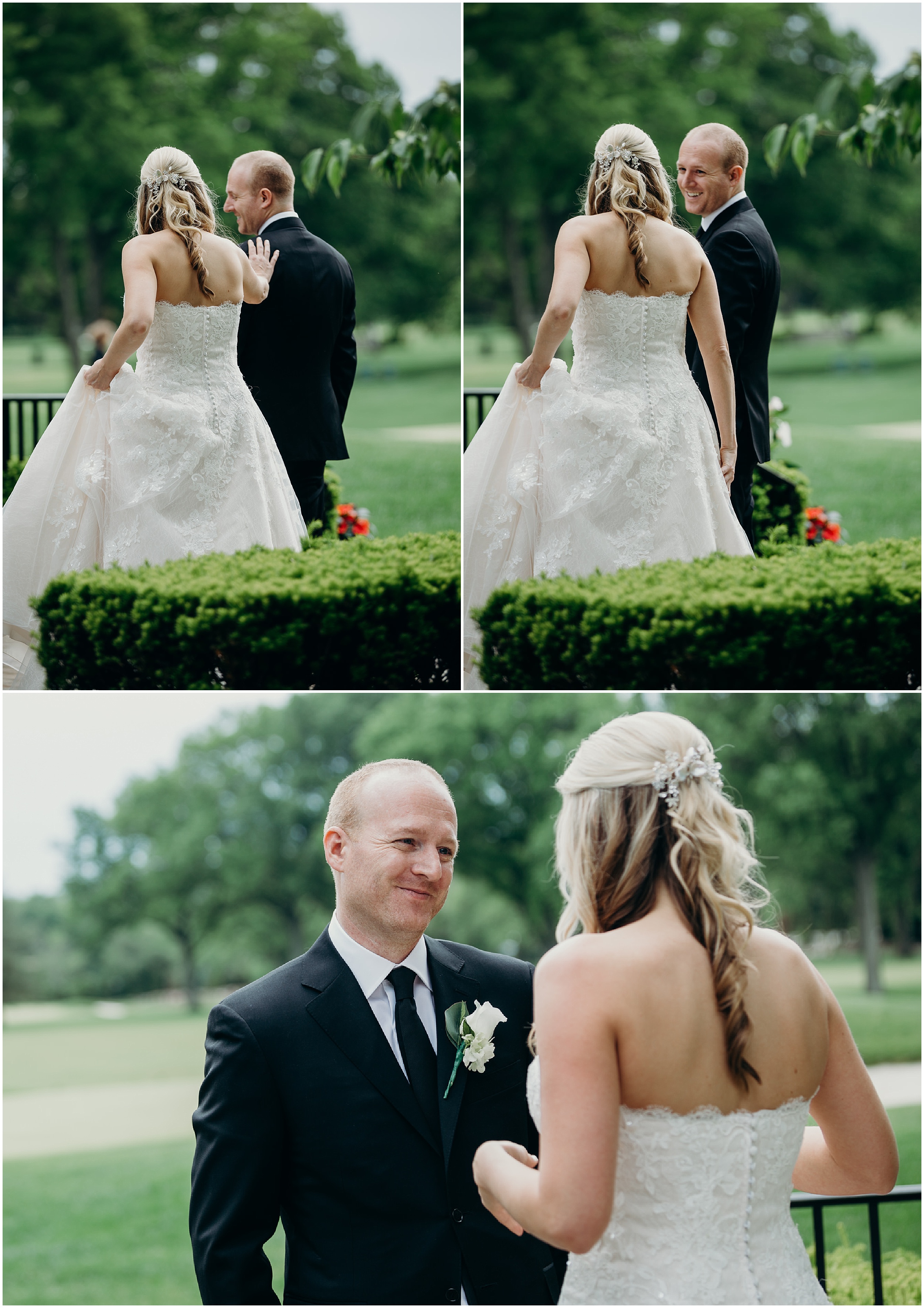 portrait of a bride and a groom during a first look at the upper montclair country club in montclair, new jersey