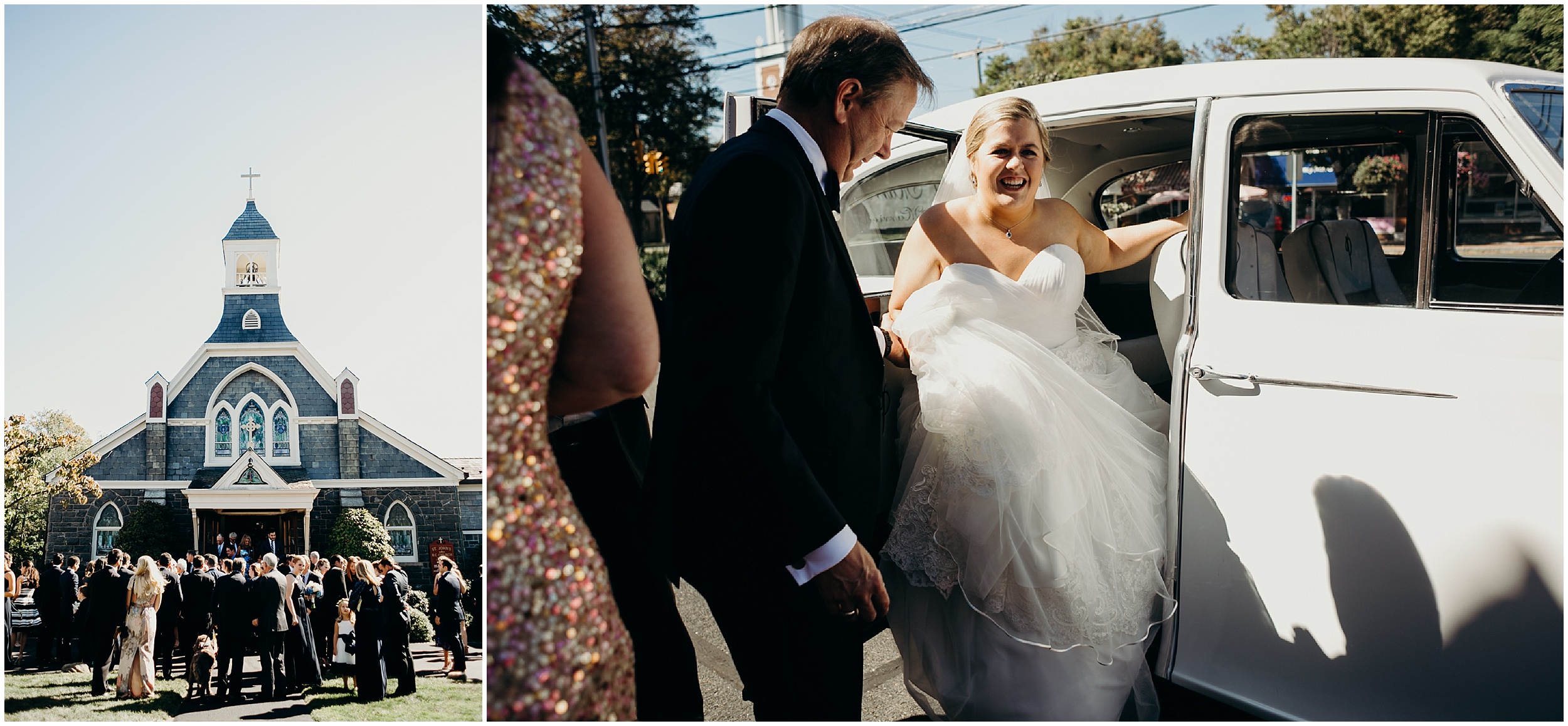 church and bride getting out of a classic rolls royce on her wedding at country club of darien in darien, connecticut