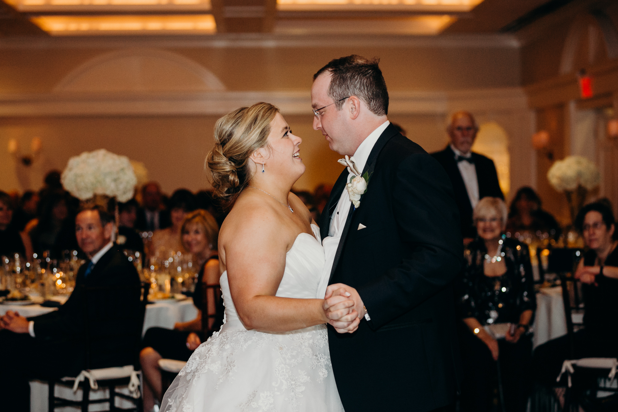 bride and groom share a first dance at country club of darien in darien, connecticut