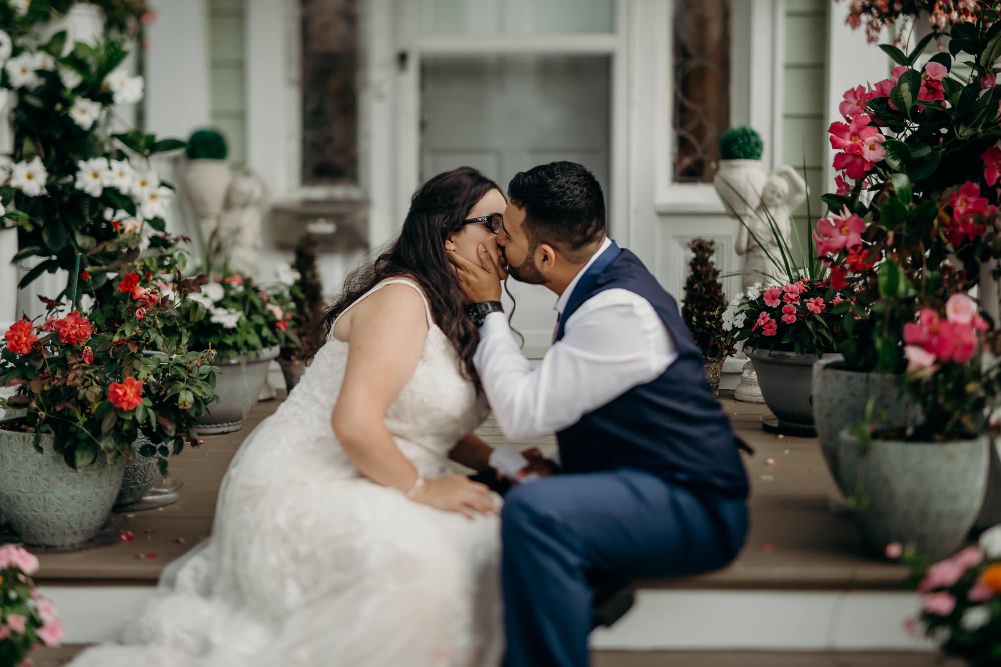 a portrait of a wedding couple at their home in connecticut