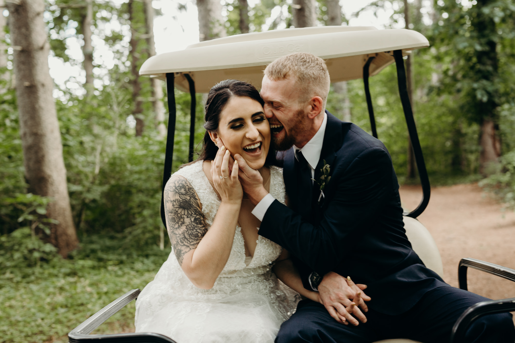 a portrait of a bride and groom on a golf cart at dibbles inn in syracuse, ny
