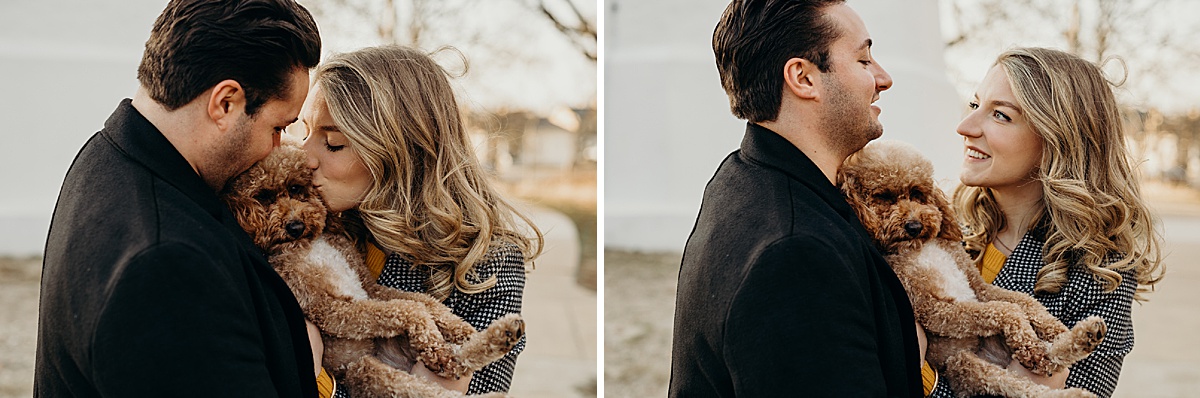 portrait of a couple and their dog at sandy hook in sandy hook, NJ