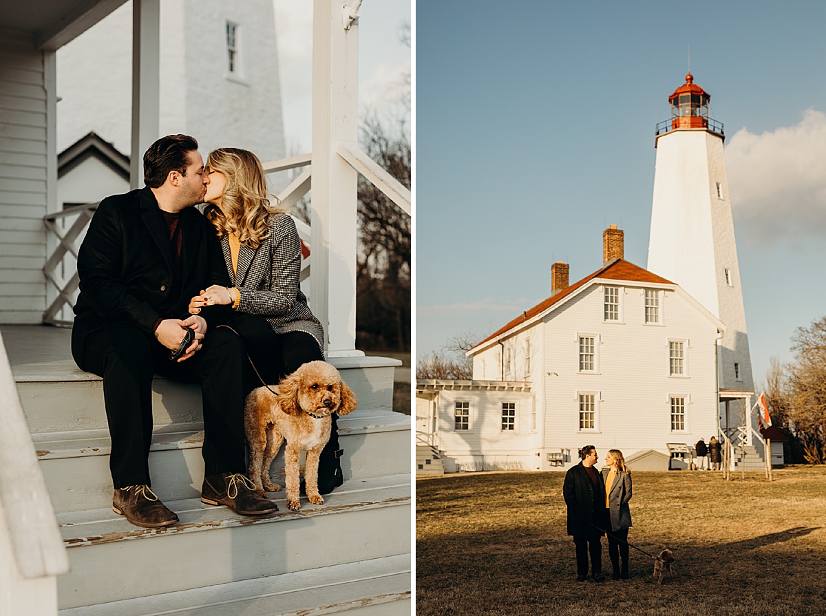 portrait of a couple and their dog at sandy hook in sandy hook, NJ