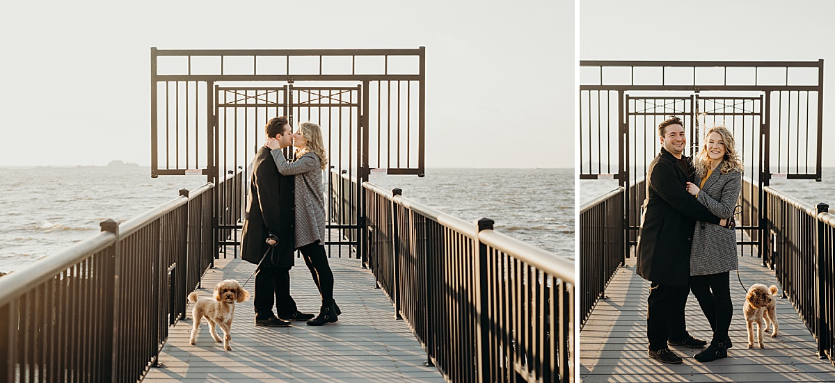 portrait of a couple and their dog at sandy hook in sandy hook, NJ