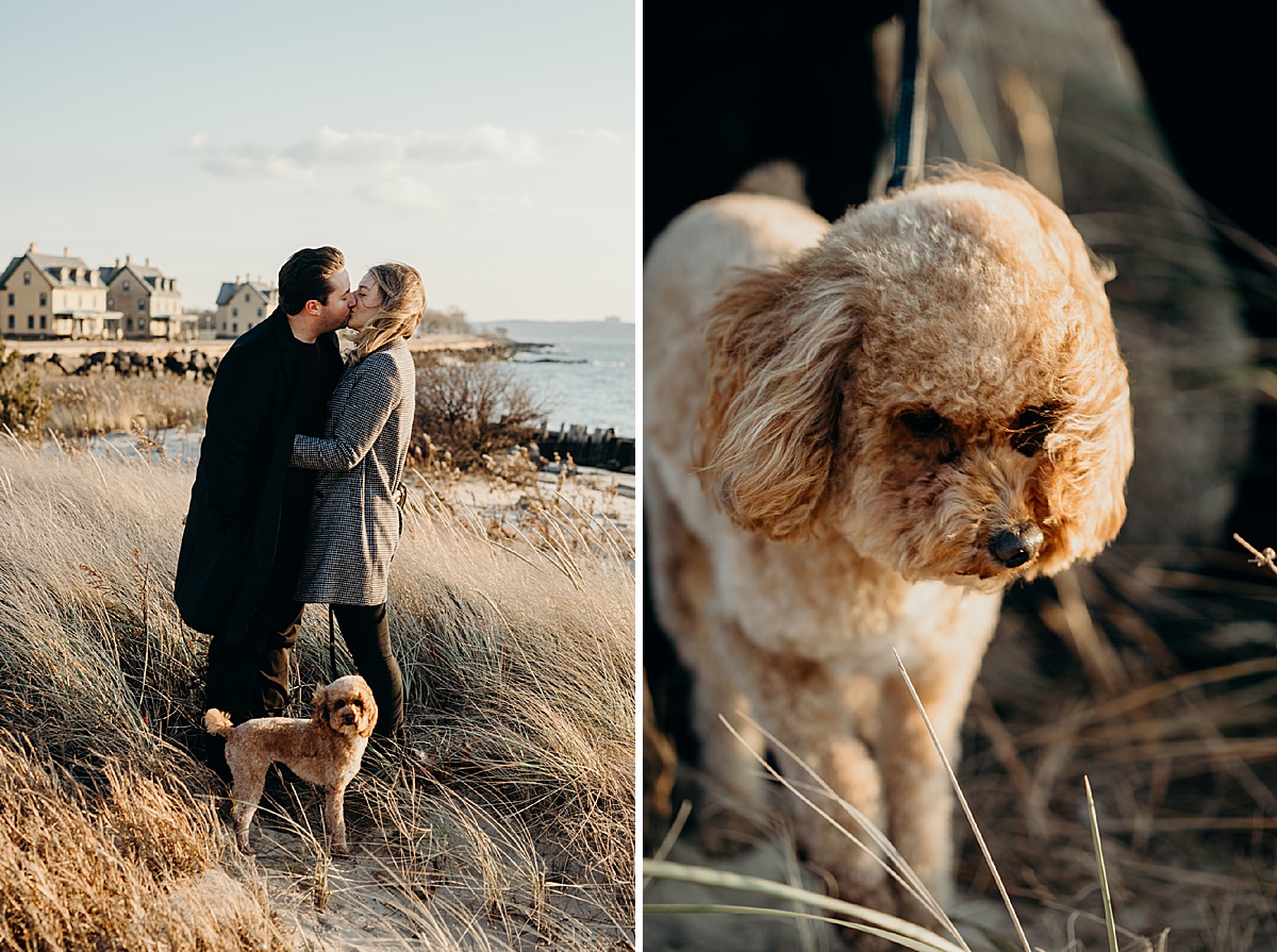 portrait of a couple and their dog at sandy hook in sandy hook, NJ