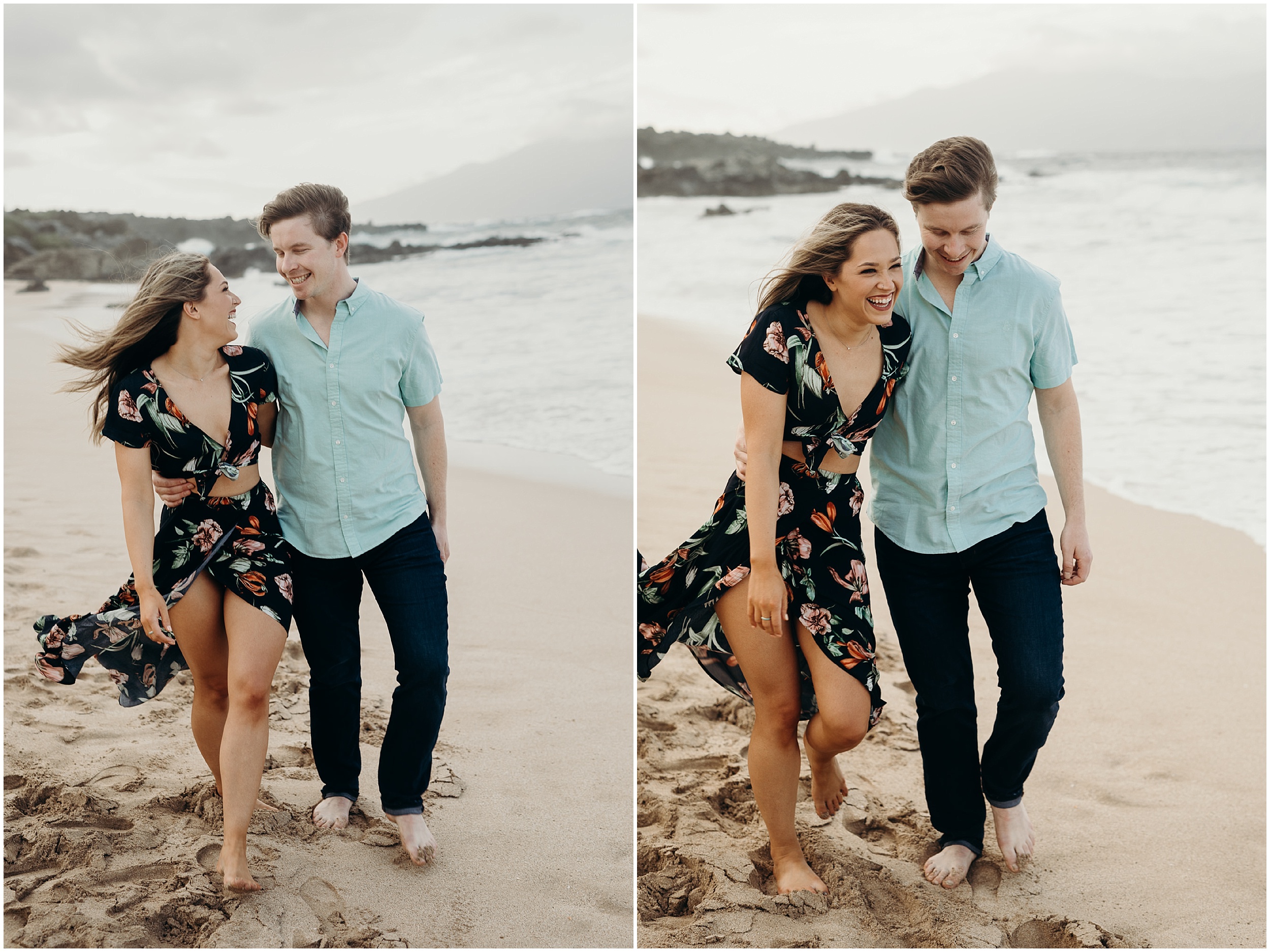 portrait of a couple walking and laughing on the beach in maui, HI