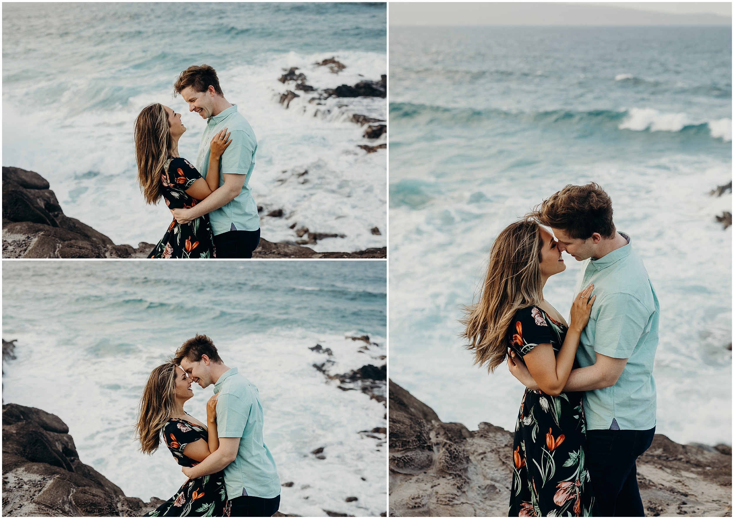 portrait of a couple standing on volcanic rock overlooking the ocean in maui, HI
