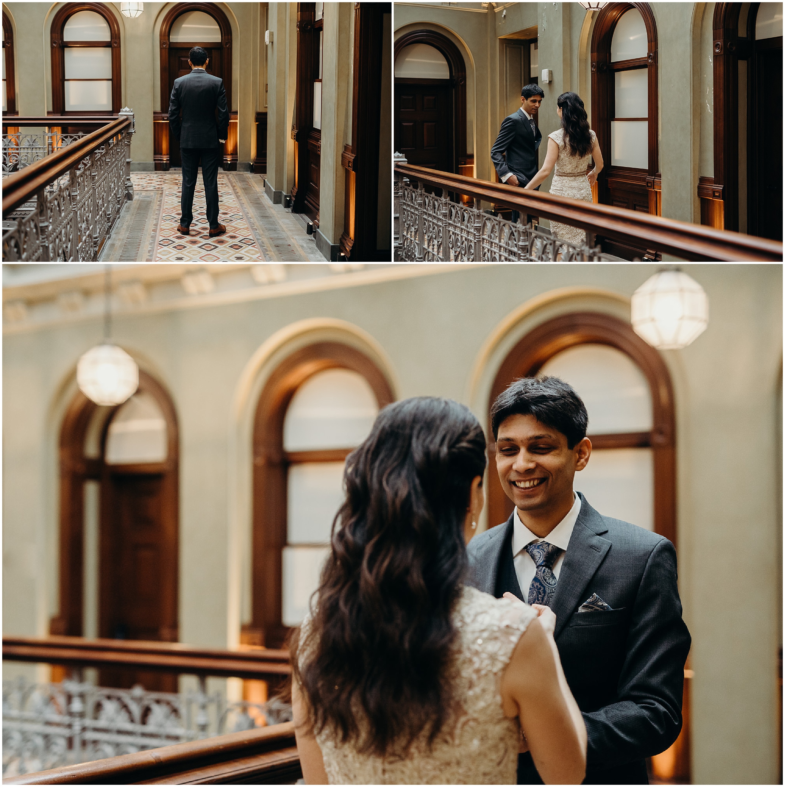 bride and groom share a first look at the beekman hotel in new york city, ny