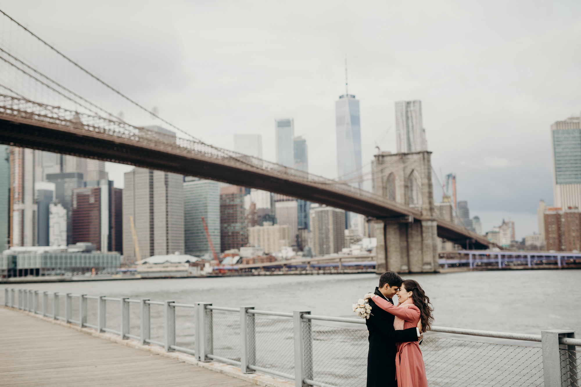 bride and groom portrait at dumbo in new york city, ny