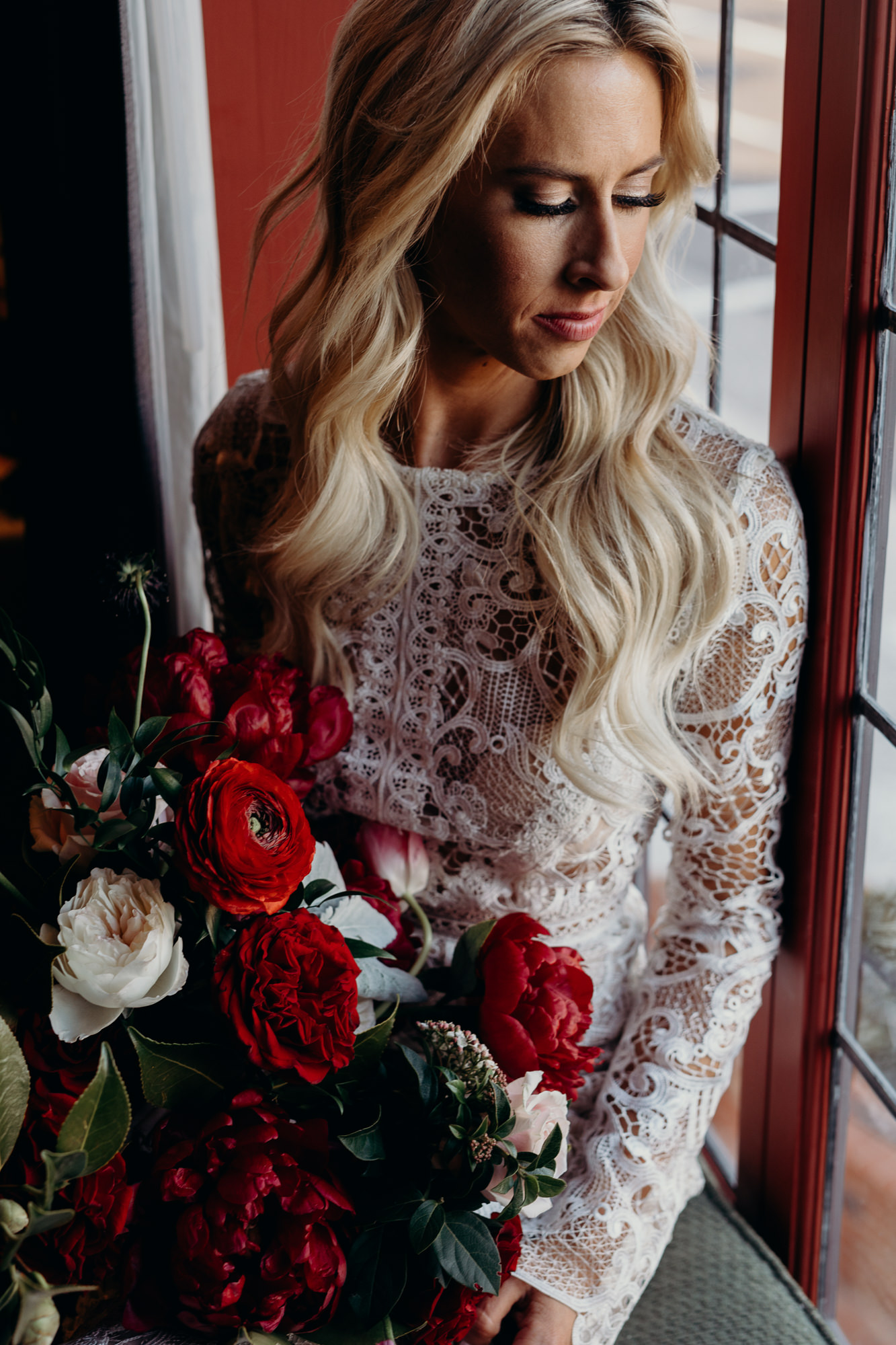 bride with her wedding flowers at five crowns in newport CA