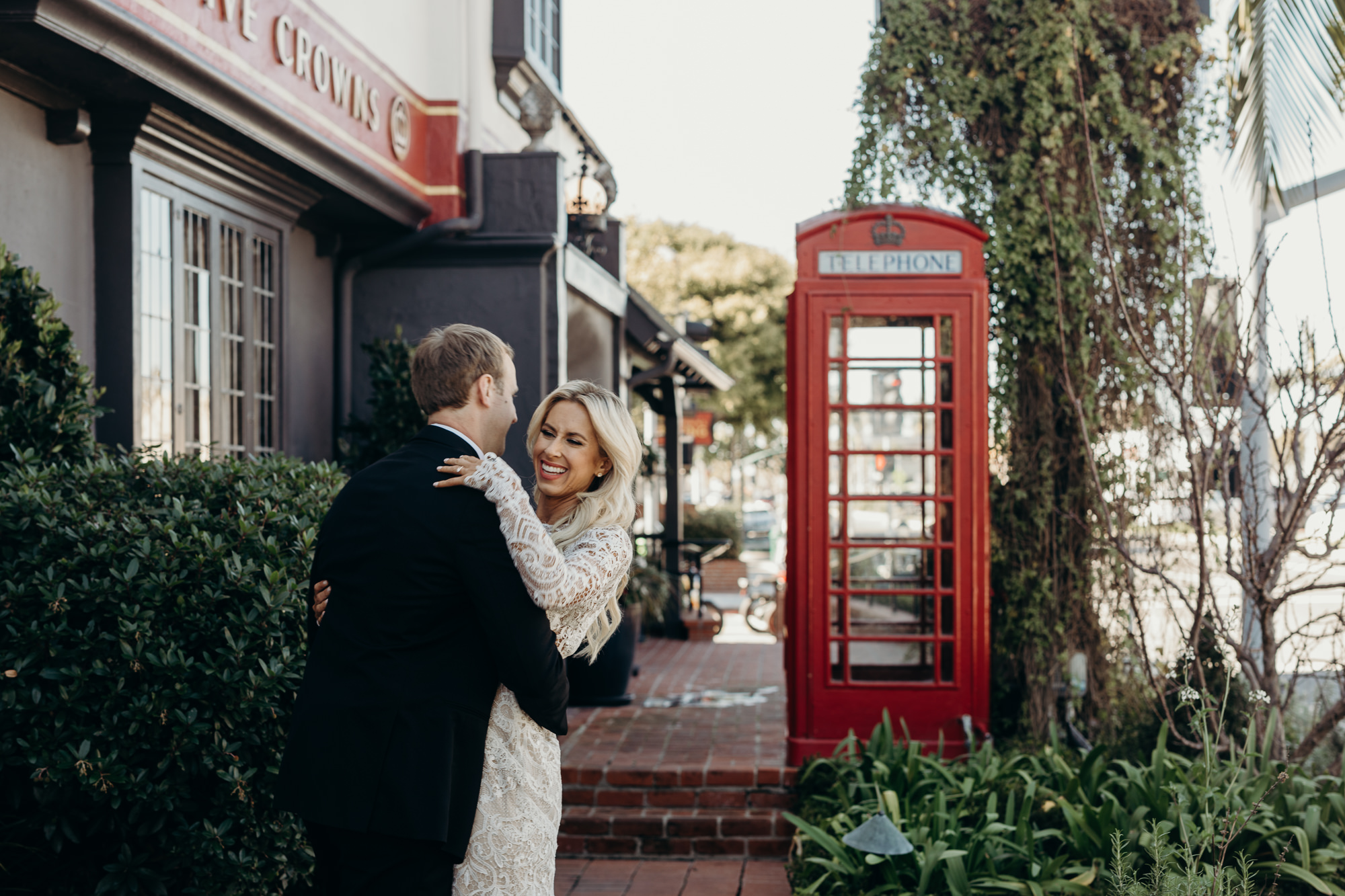 bride and groom portrait outside five crowns in newport CA