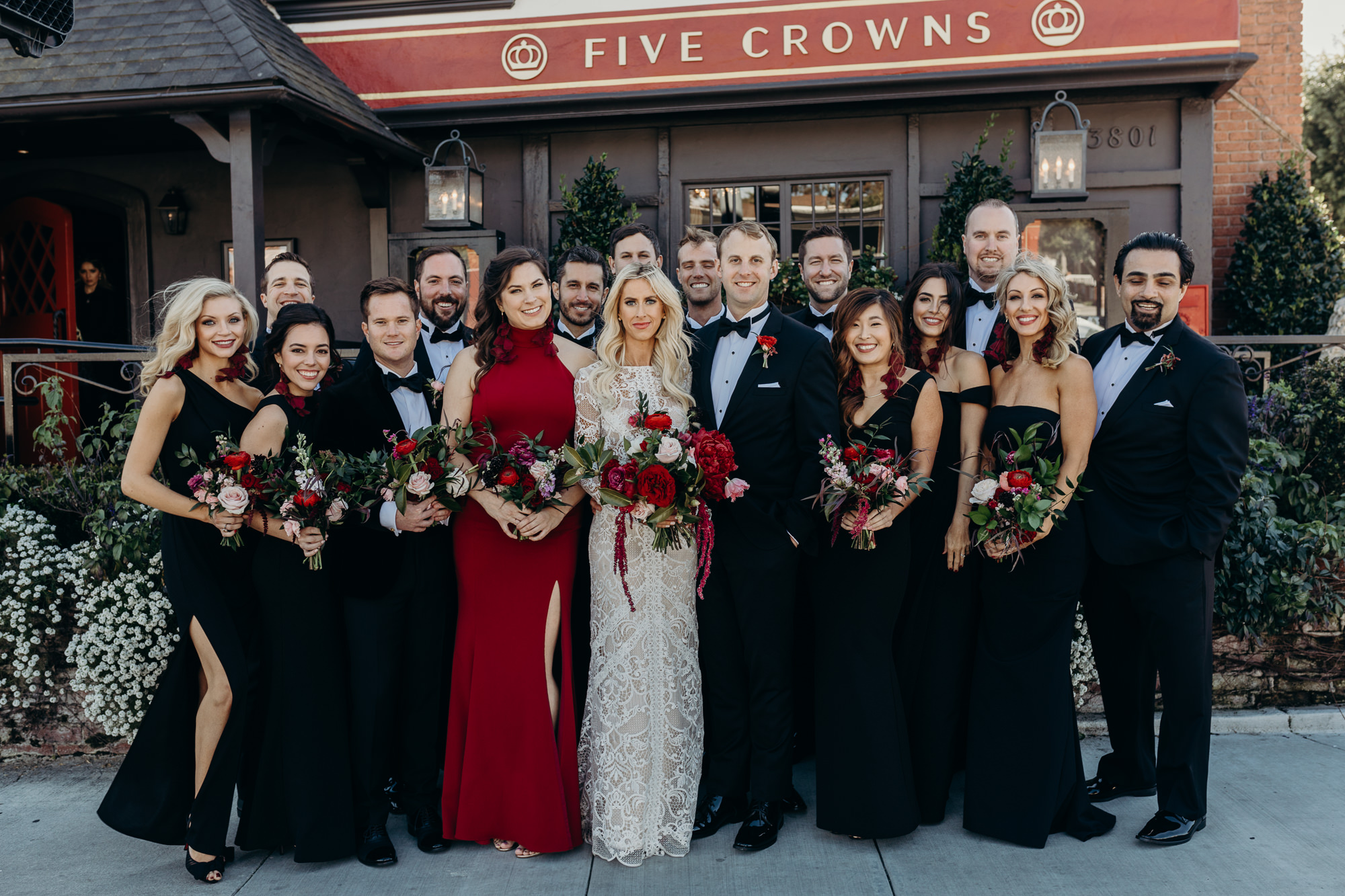 wedding party portrait outside five crowns in newport CA