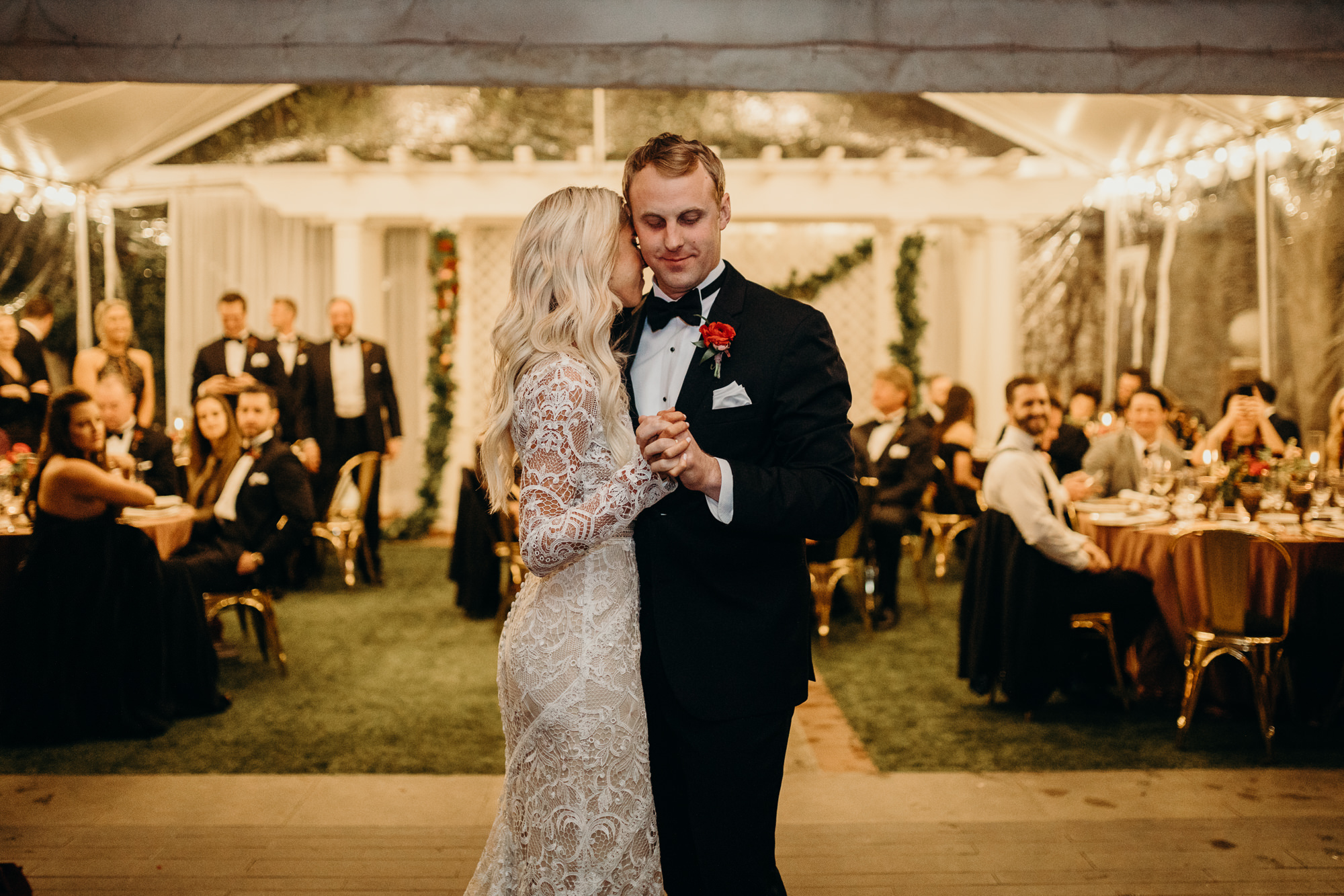 bride and groom have their first dance at five crowns in newport beach, CA