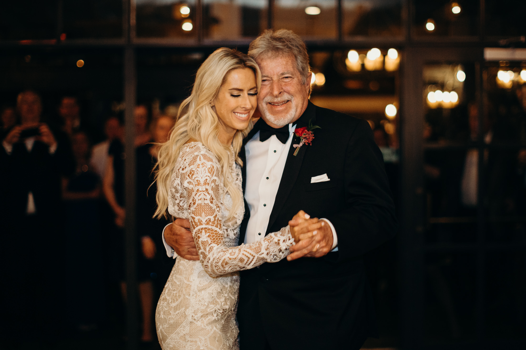 bride dances with father at wedding reception at five crowns in newport beach, CA