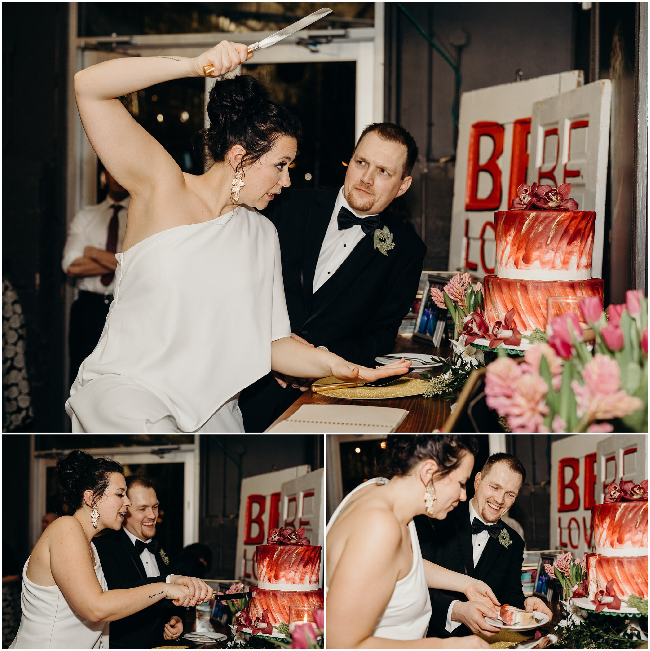 bride and groom cut their wedding cake at porta in asbury park, NJ