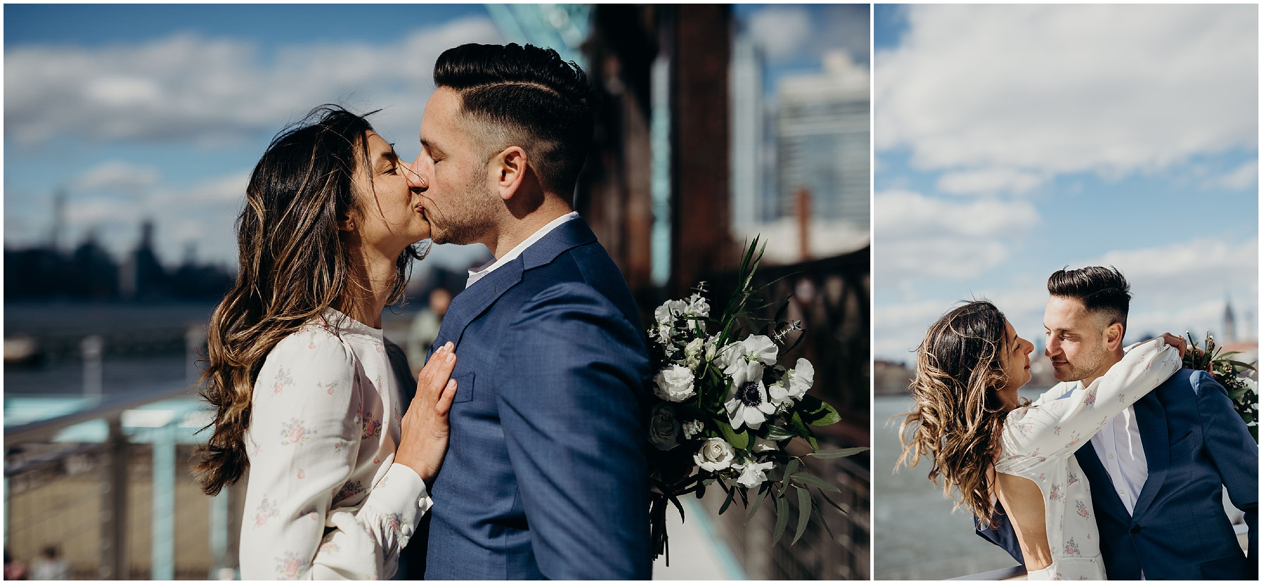 portrait of a bride and groom kissing on their wedding day at domino park in brooklyn, ny