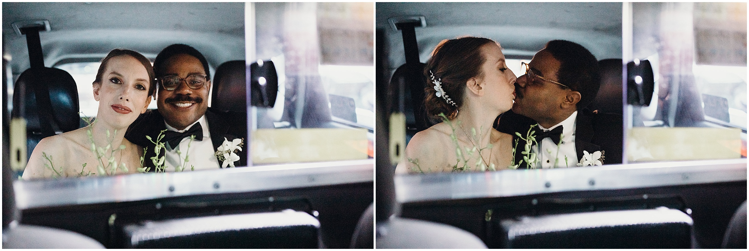 bride and groom portrait in a taxi in new york city, ny