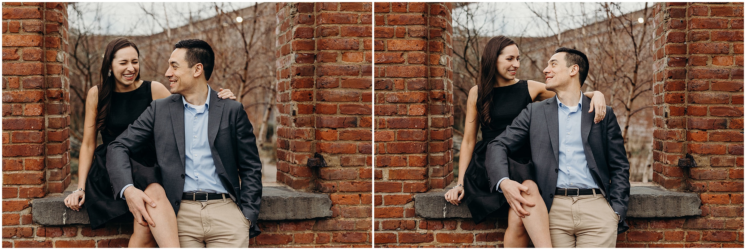 two portraits of a couple at brooklyn bridge park in brooklyn, new york