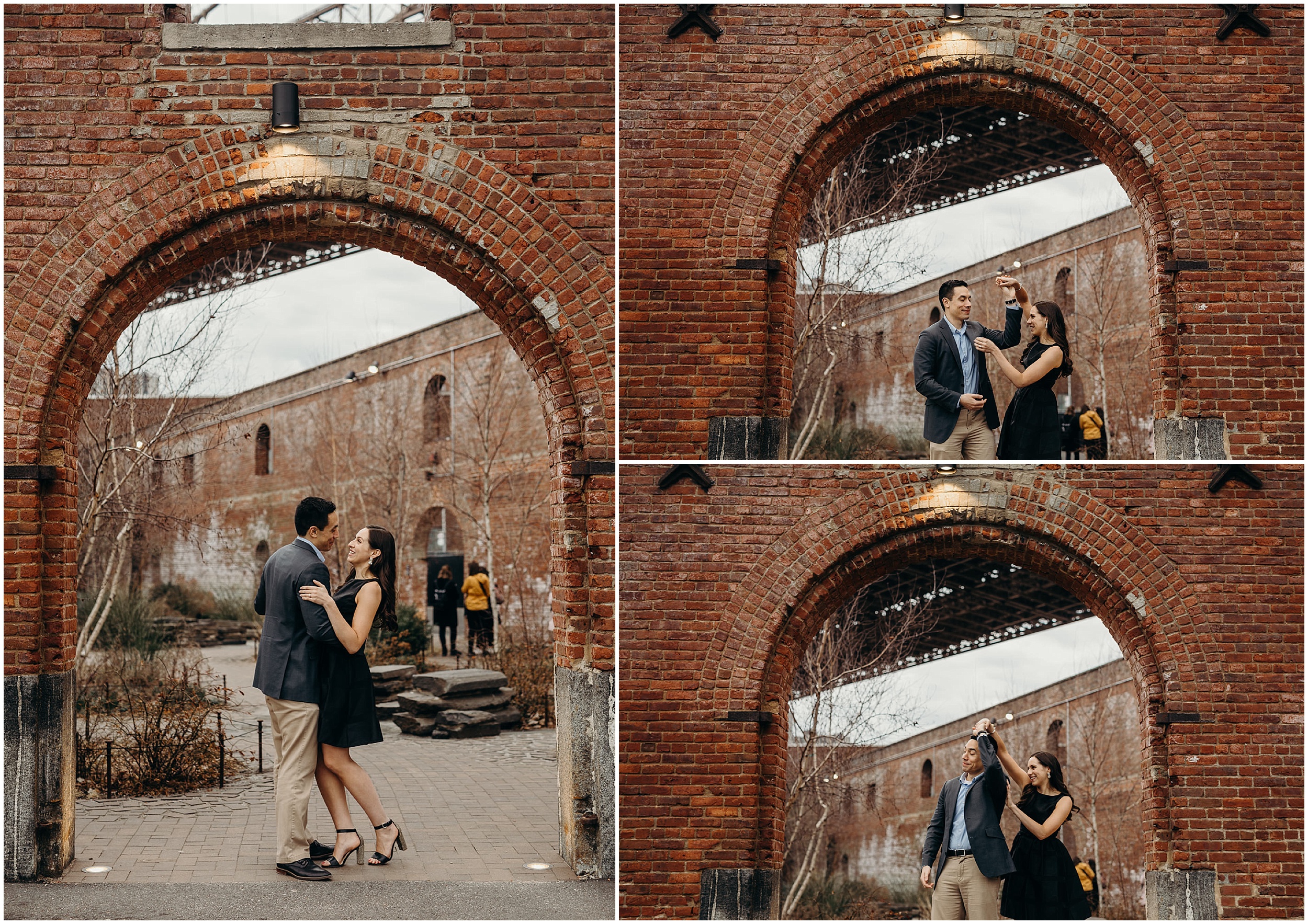 a collage of portraits of a couple at brooklyn bridge park in brooklyn, new york