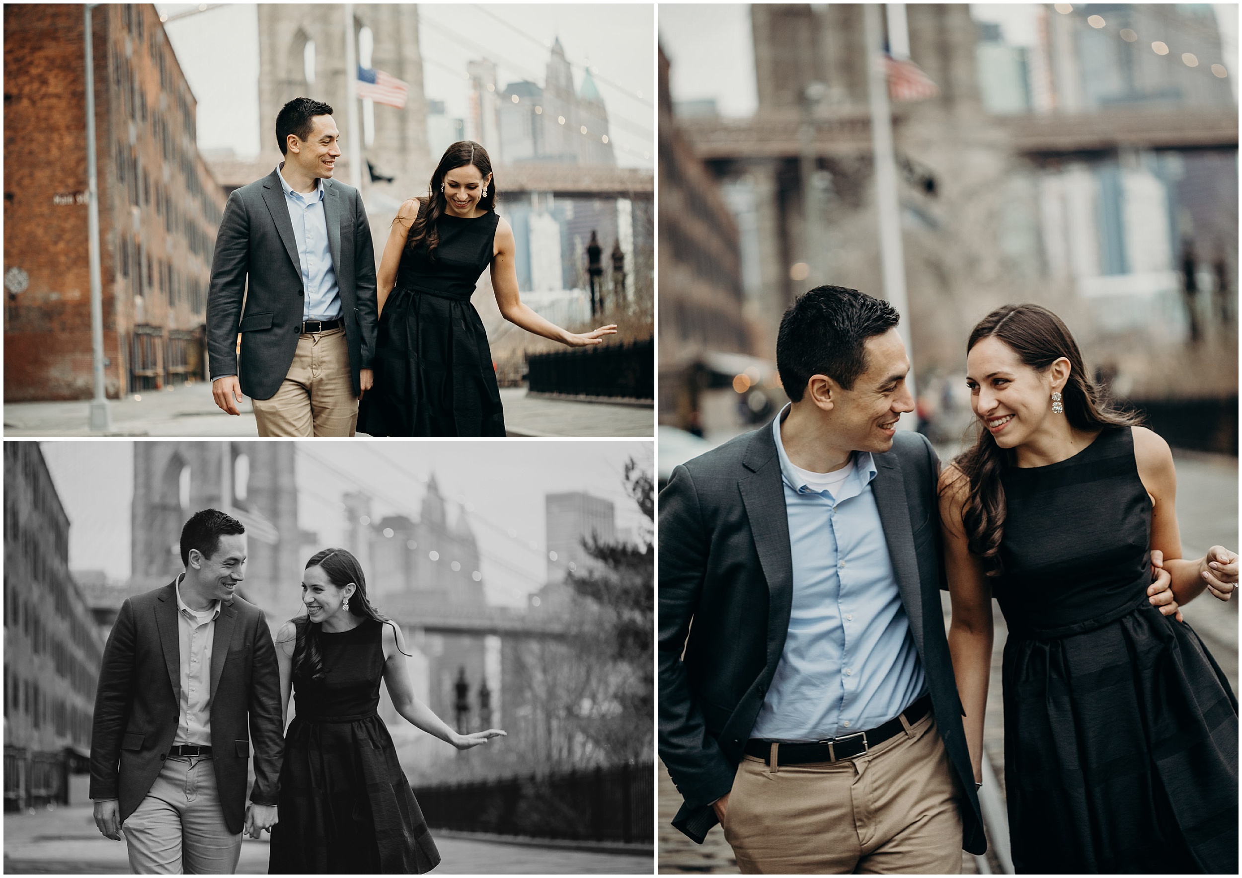 a collage of portraits of a couple in front of the brooklyn bridge at brooklyn bridge park in brooklyn, new york