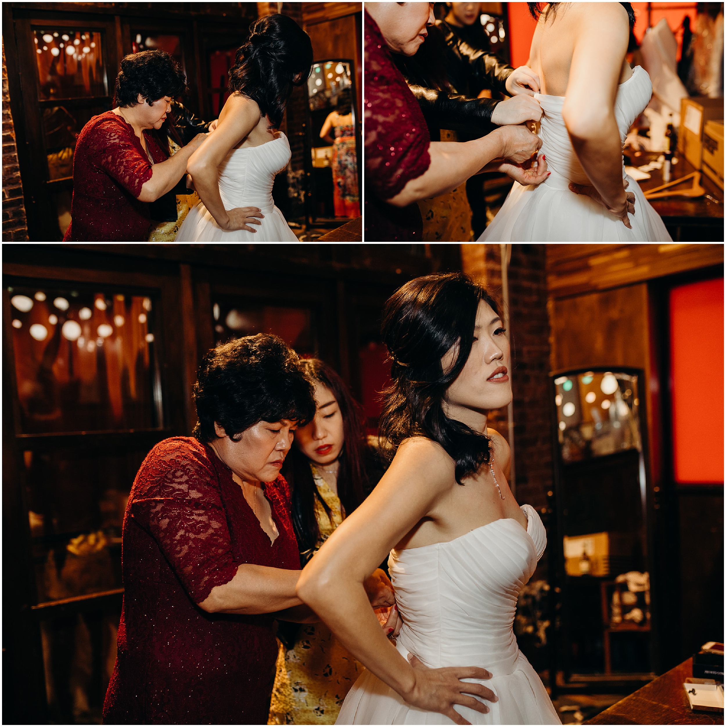 portrait of a bride getting into her wedding gown at mymoon in brooklyn, new york