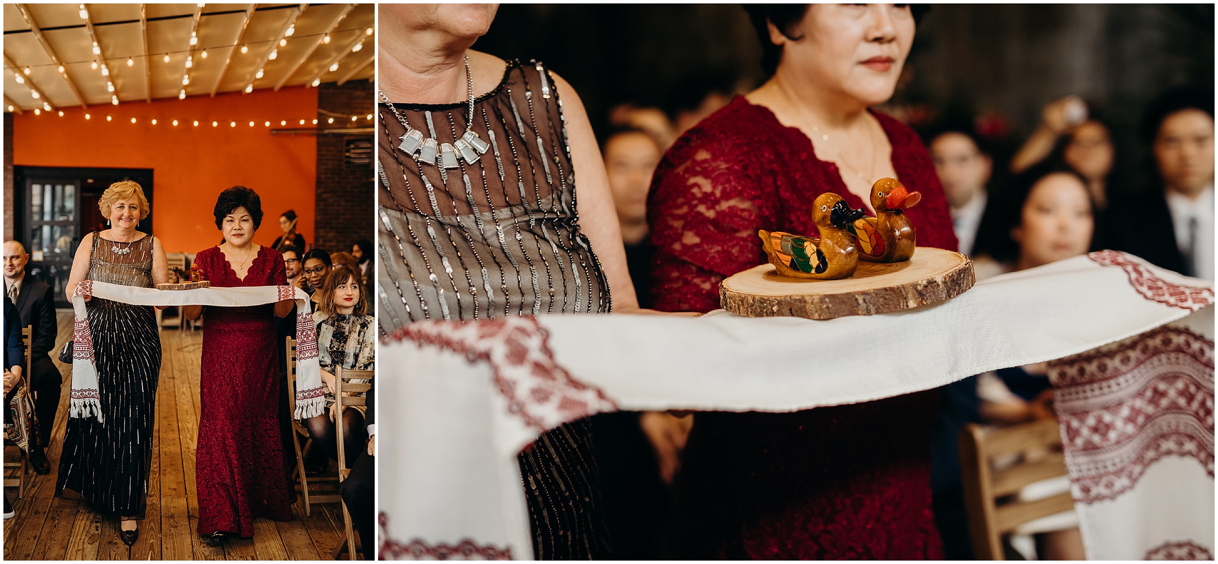 two mothers walk down the aisle carrying a rug and wooden ducks at mymoon in brooklyn, new york