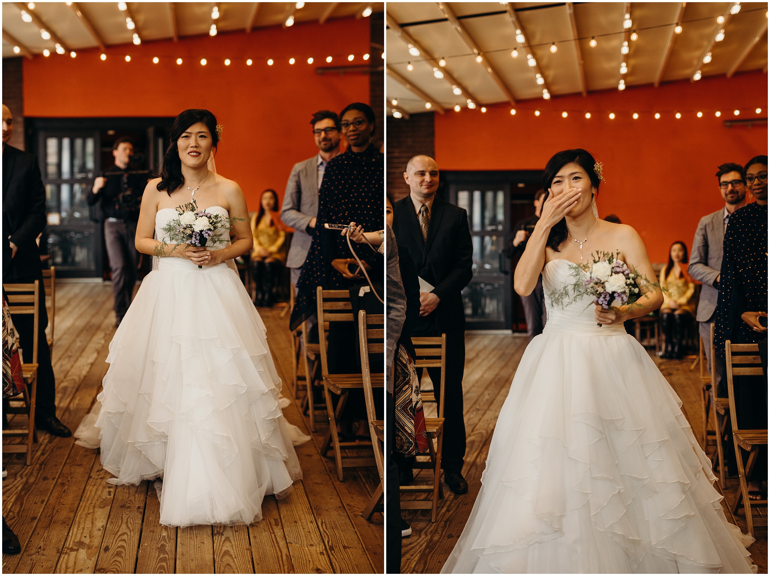 a bride walks down her wedding aisle at mymoon in brooklyn, new york