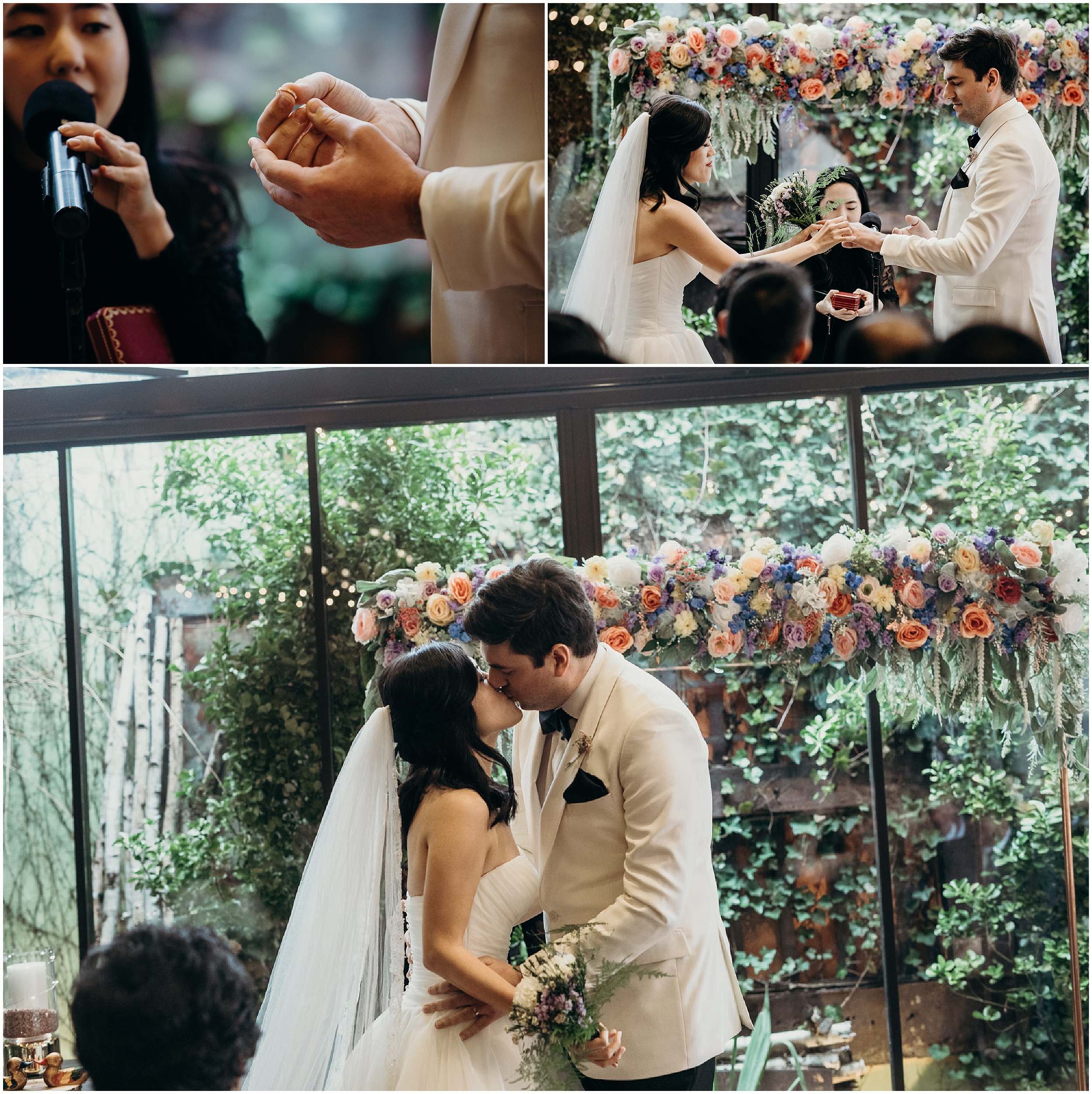 a collage of wedding ring exchanges and first kiss at mymoon in brooklyn, new york