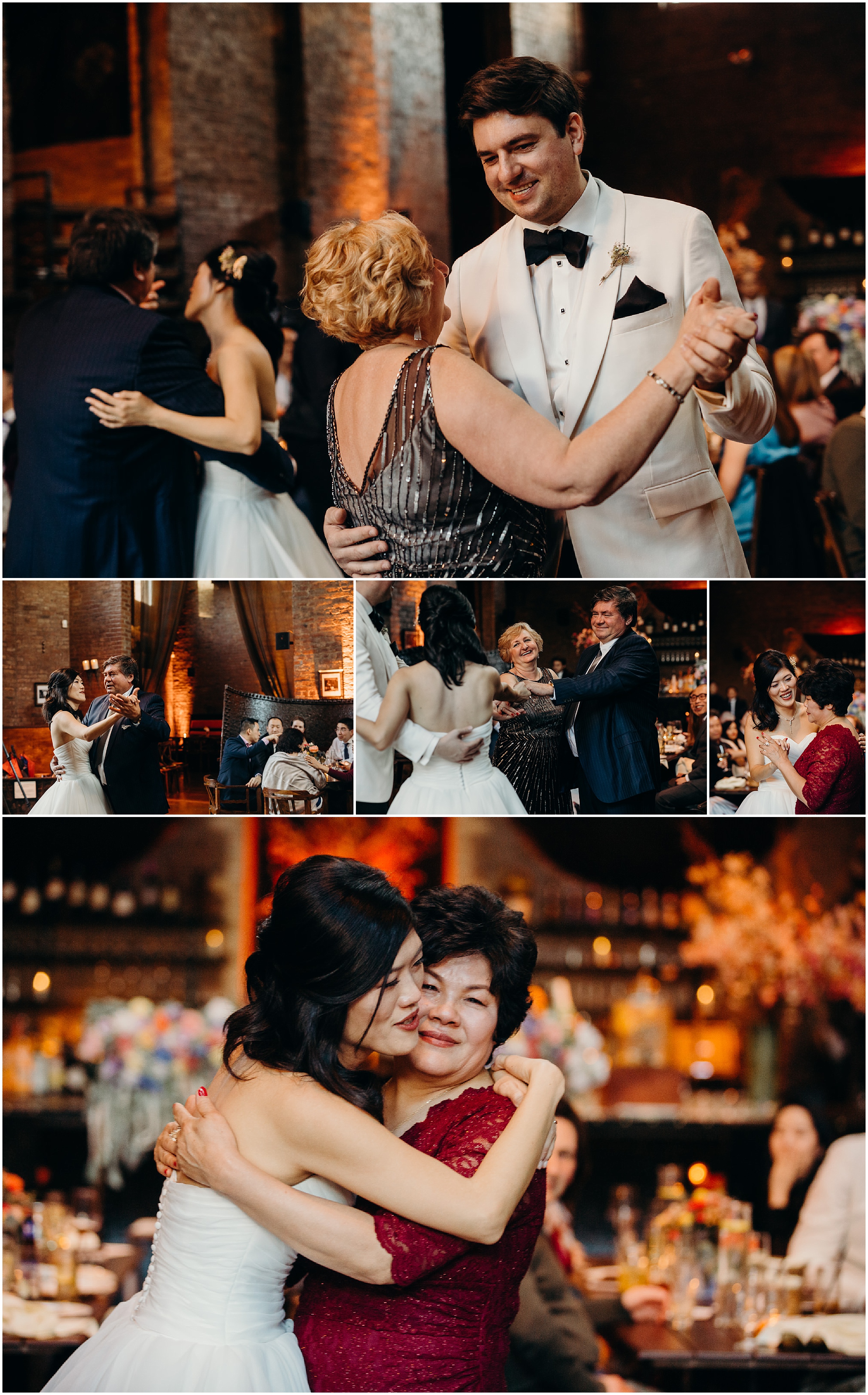 a collage of bride and groom dancing with their parents at mymoon in brooklyn, new york