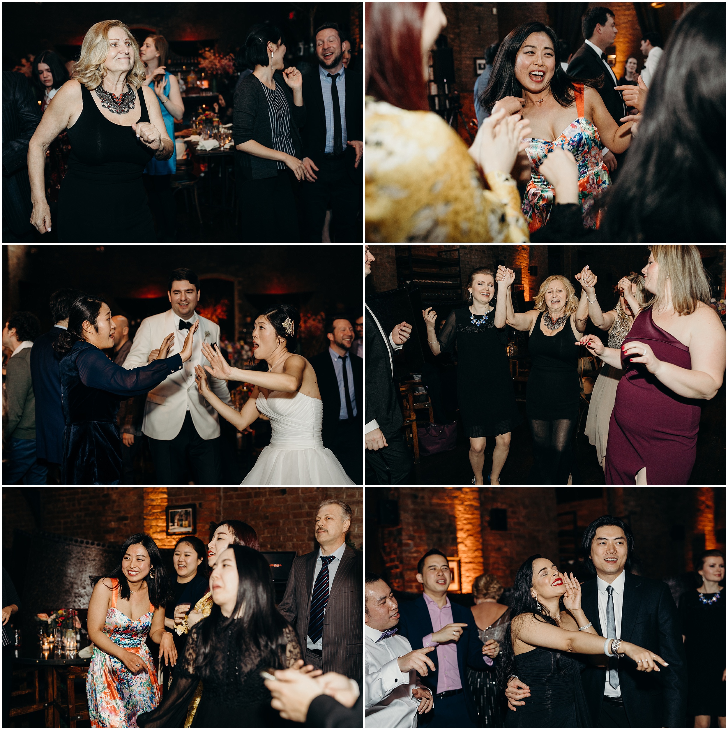 a collage of wedding guests dancing during the reception at mymoon in brooklyn, new york