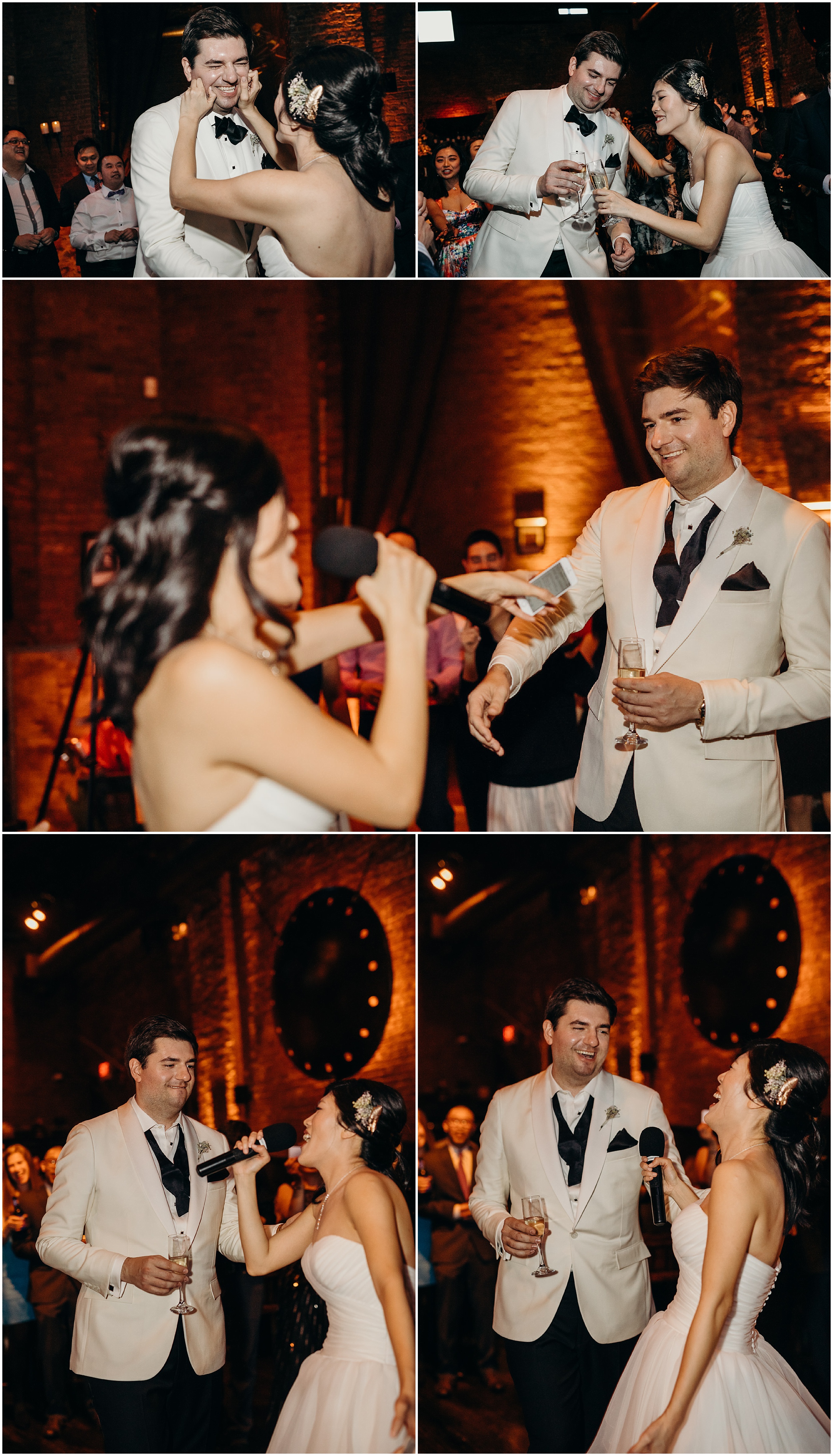 a collage of a bride singing to her groom at a reception at mymoon in brooklyn, new york