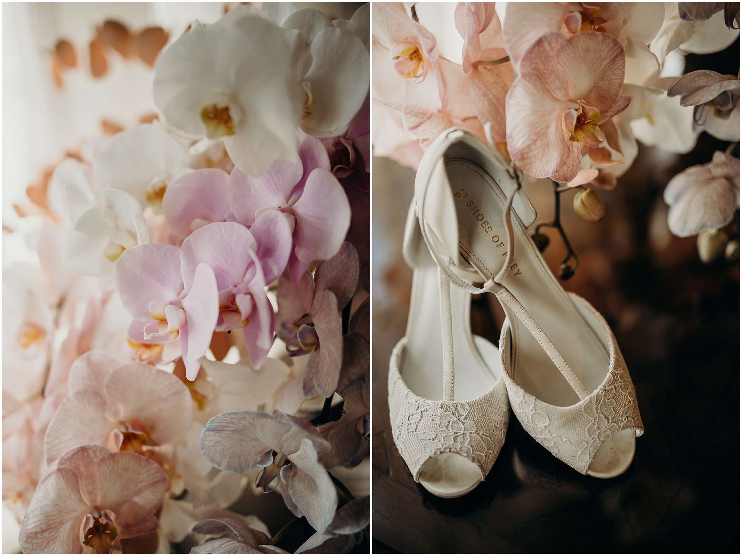 a side-by-side-of orchids and wedding shoes at the park savoy in florham park, new jersey