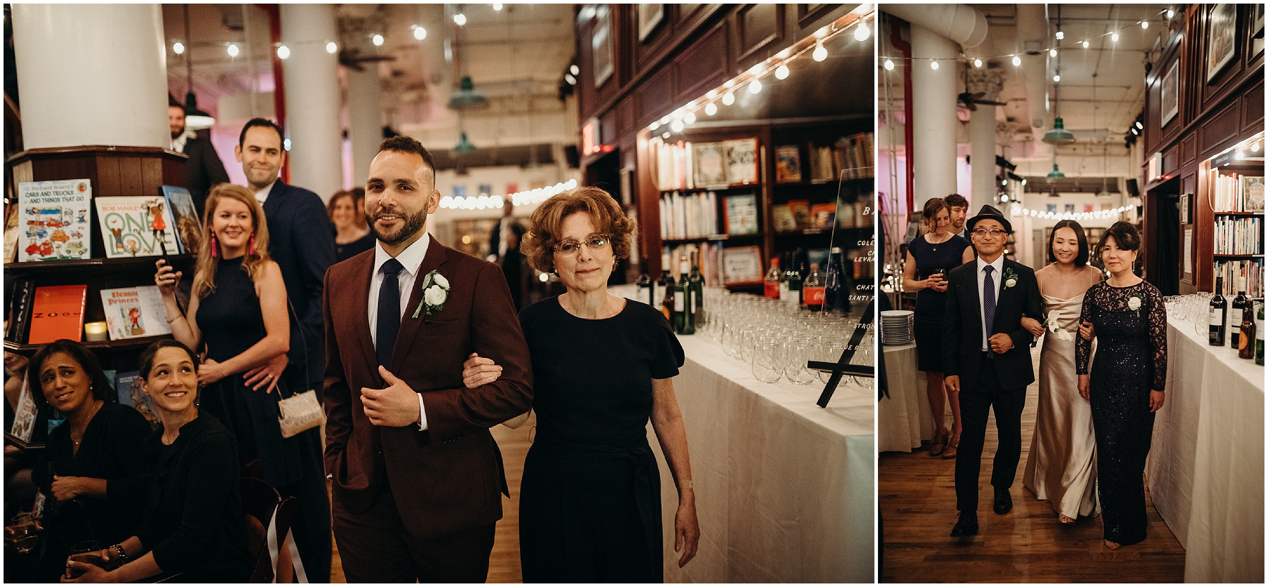 groom and bride walking with their parents at housingworks bookstore in new york, new york