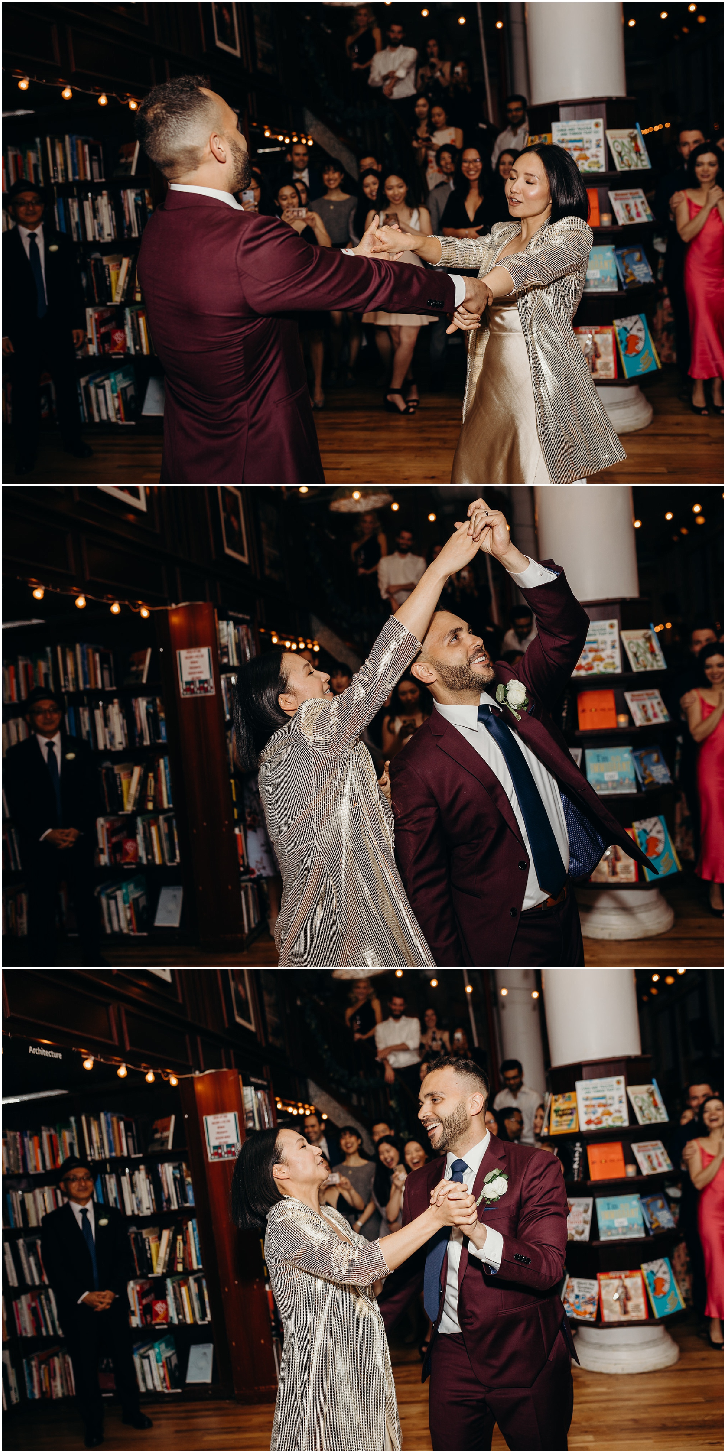 a bride and groom have their first dance at housingworks bookstore in new york, new york