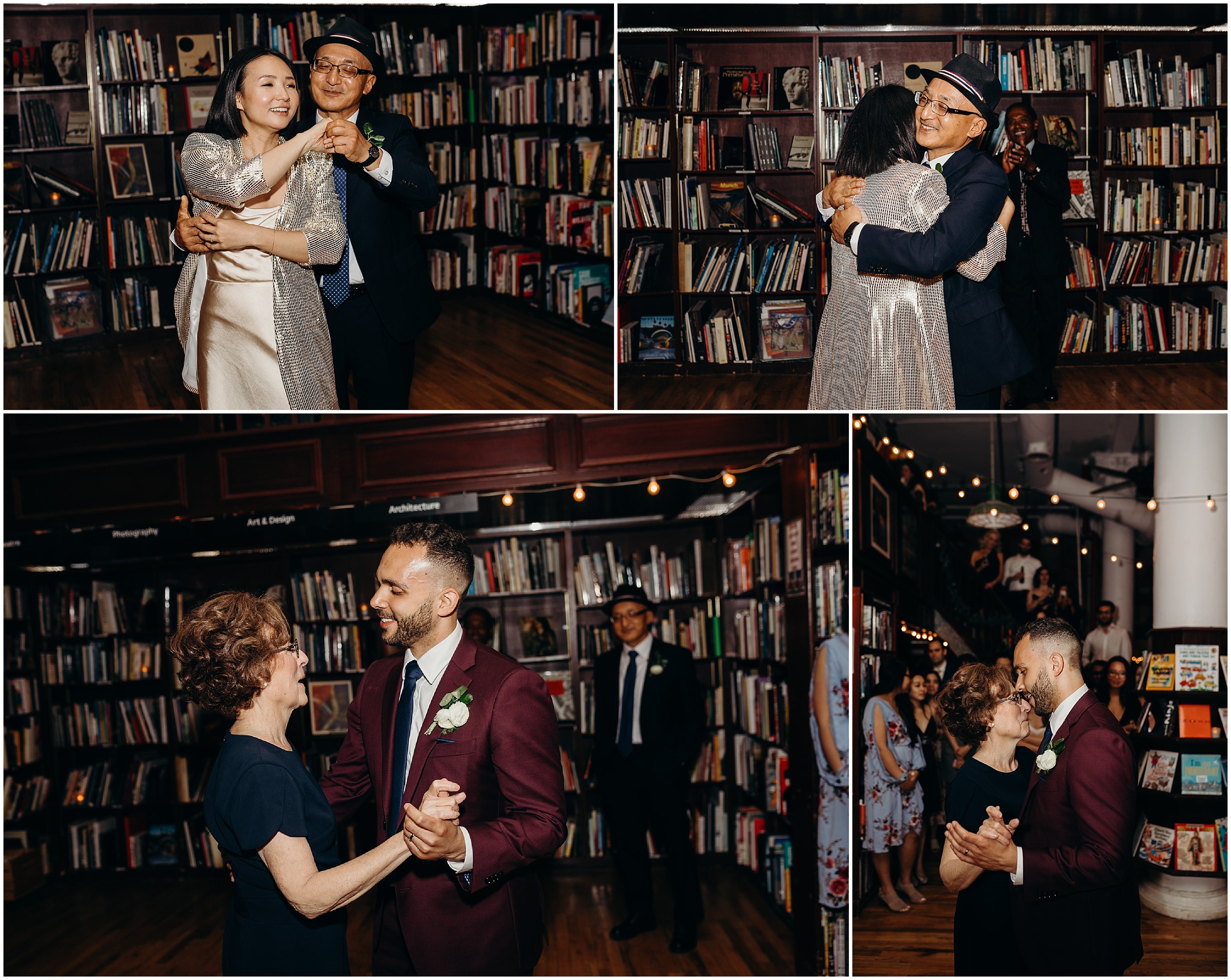 a bride and groom dance with their parents at housingworks bookstore in new york, new york