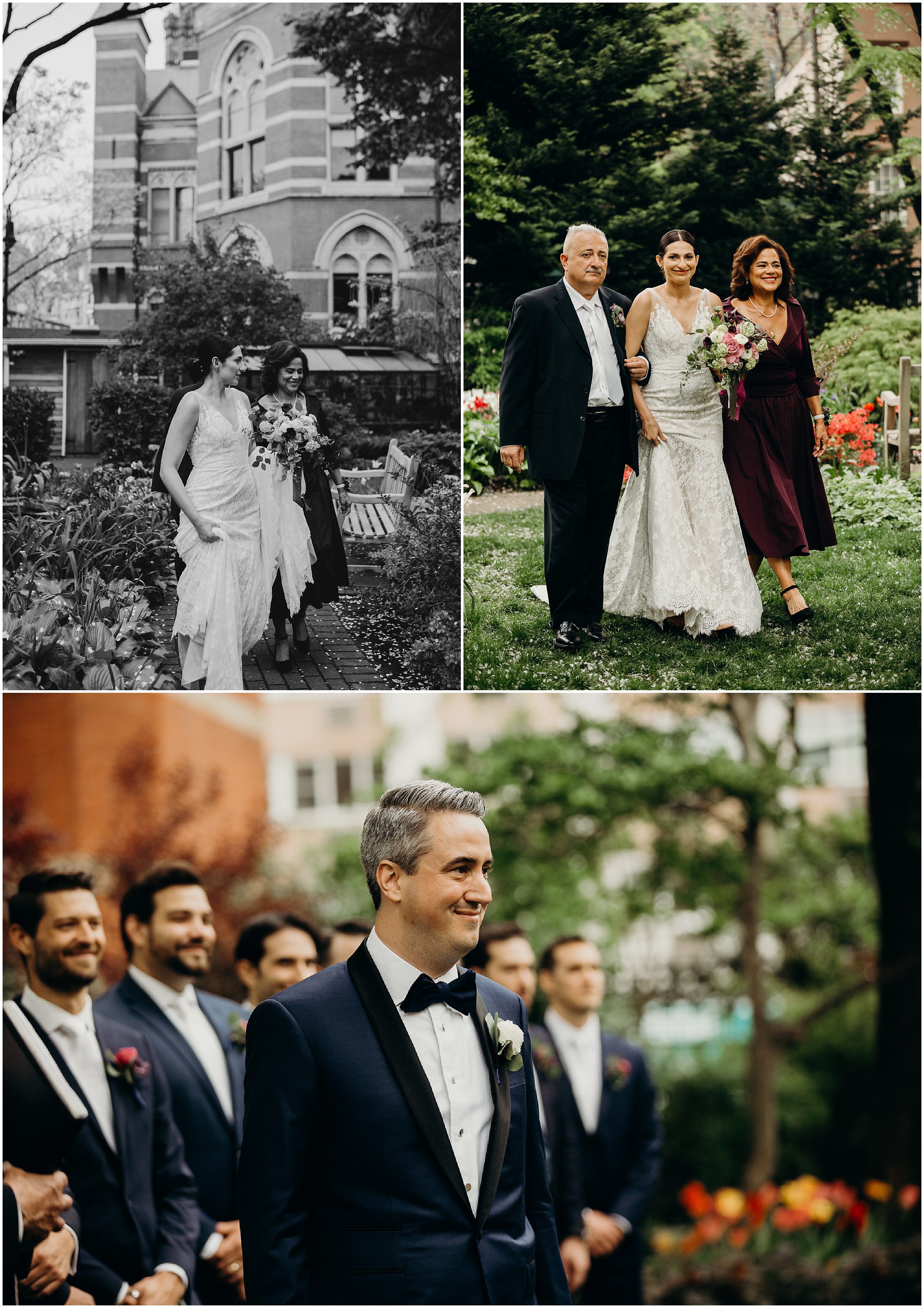 a bride walks to her wedding at jefferson market garden in the west village, new york city