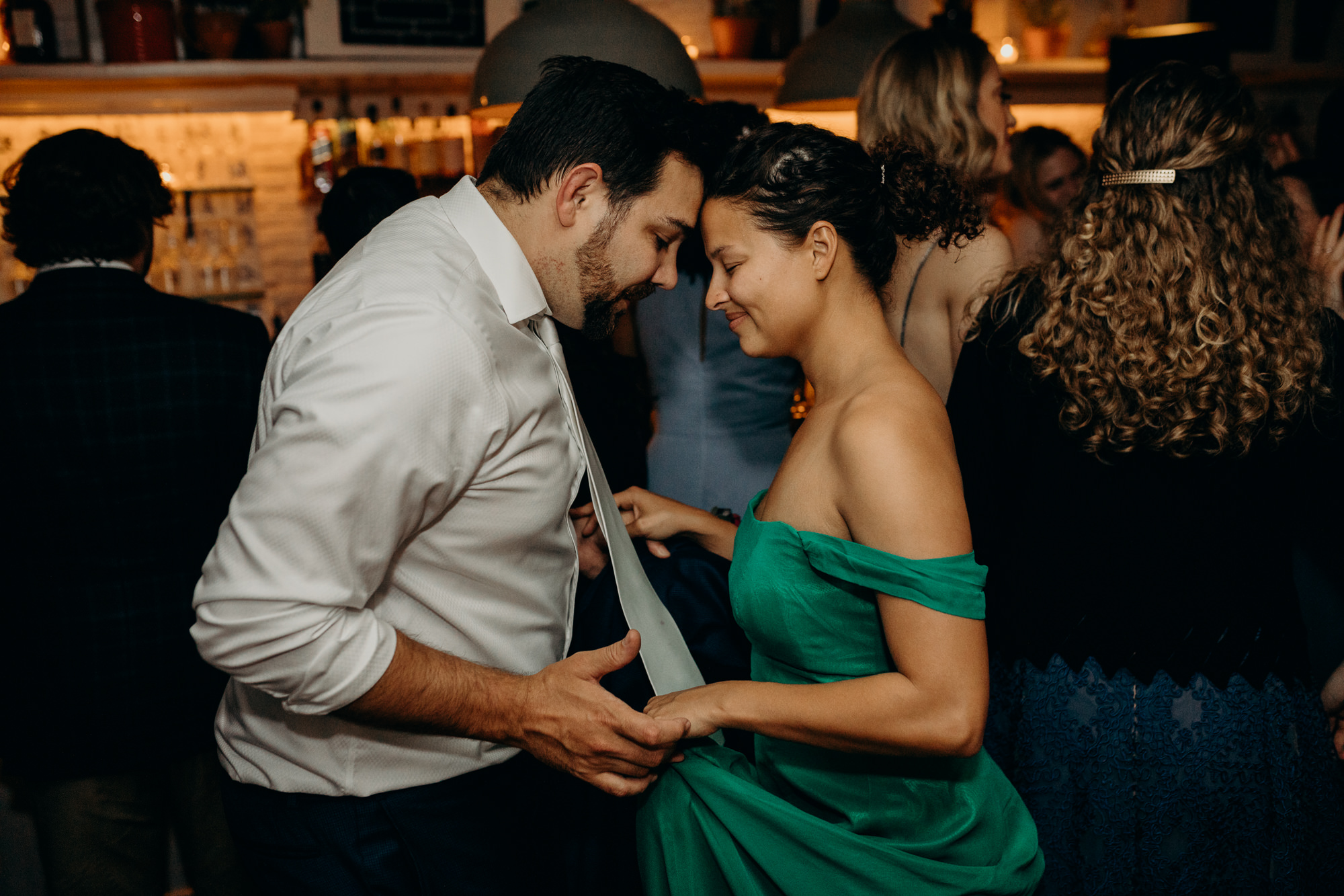 guests dance at a wedding at bobo in the west village, new york city