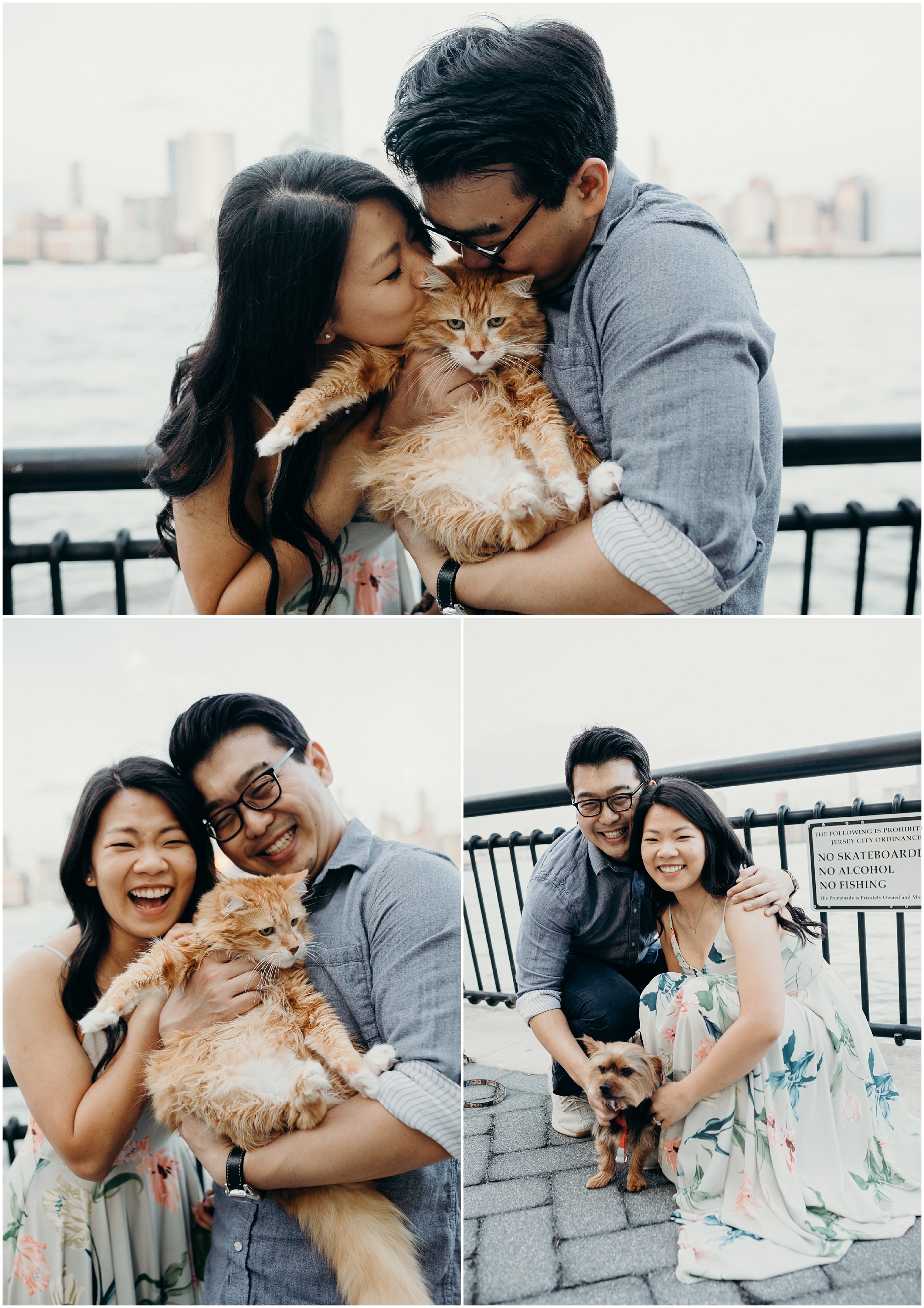 a portrait of a couple with their cat and dog at liberty state park in jersey city, new jersey