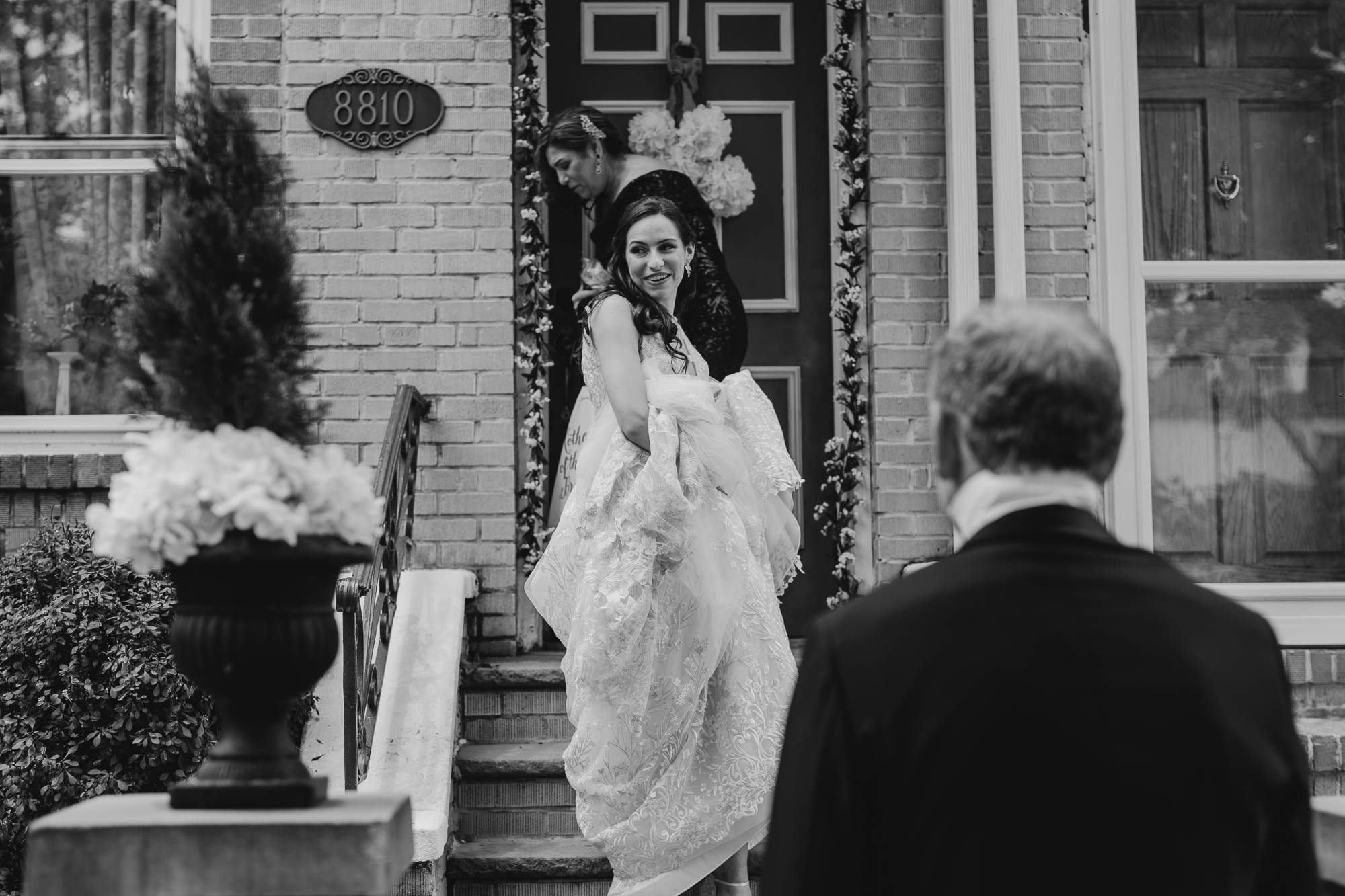 bride leaving her house at liberty warehouse in brooklyn, new york city