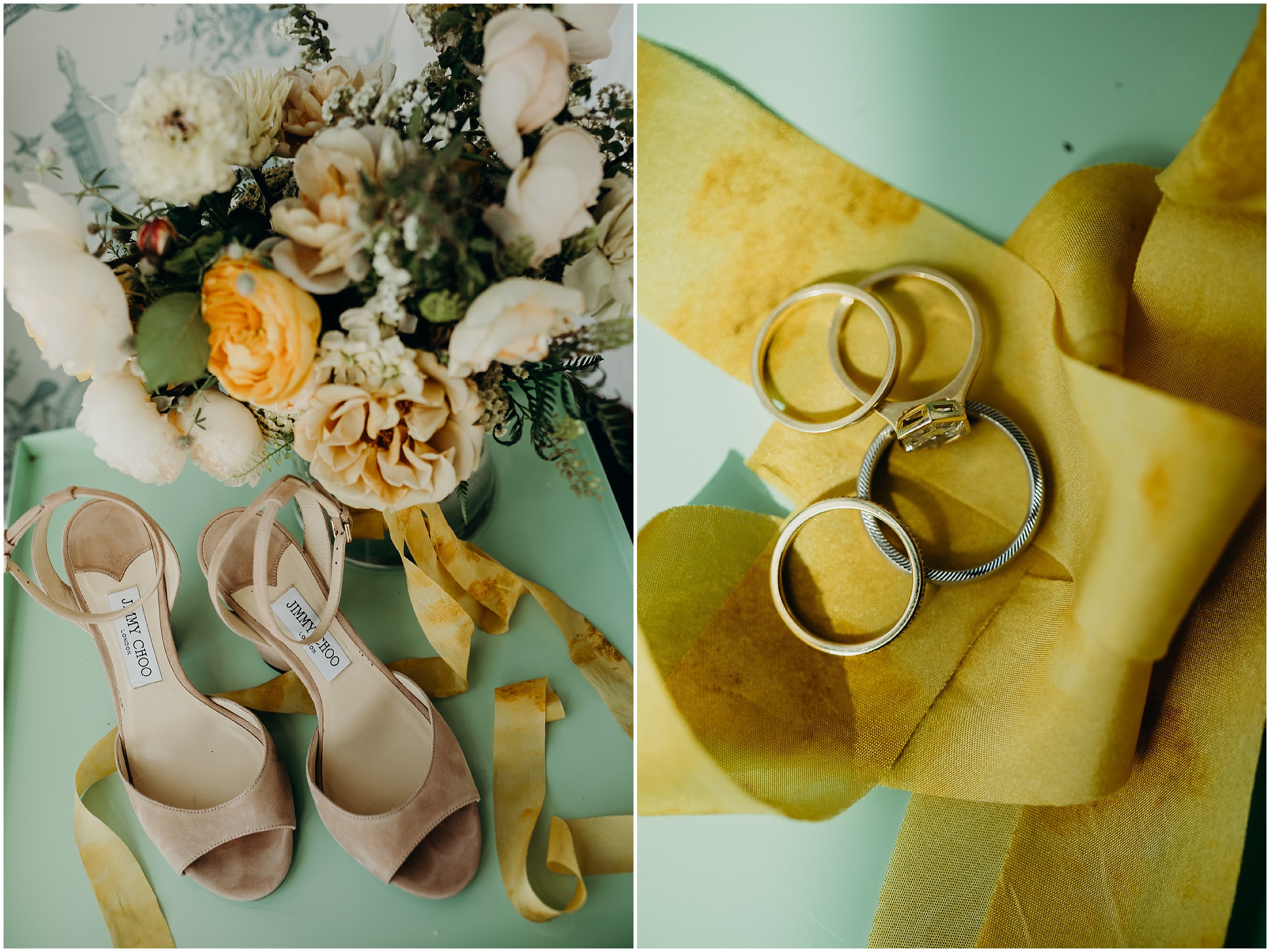 wedding flowers, shoes and rings at the wythe hotel in brooklyn, new york city