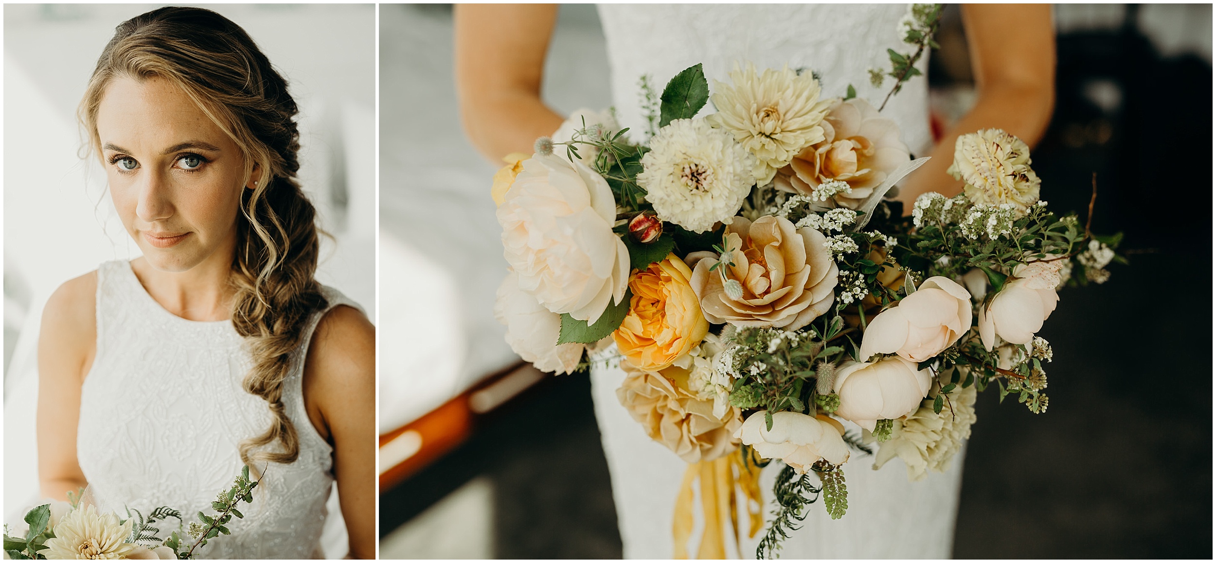 a portrait of the bride and her wedding flowers at the wythe hotel in brooklyn, new york city
