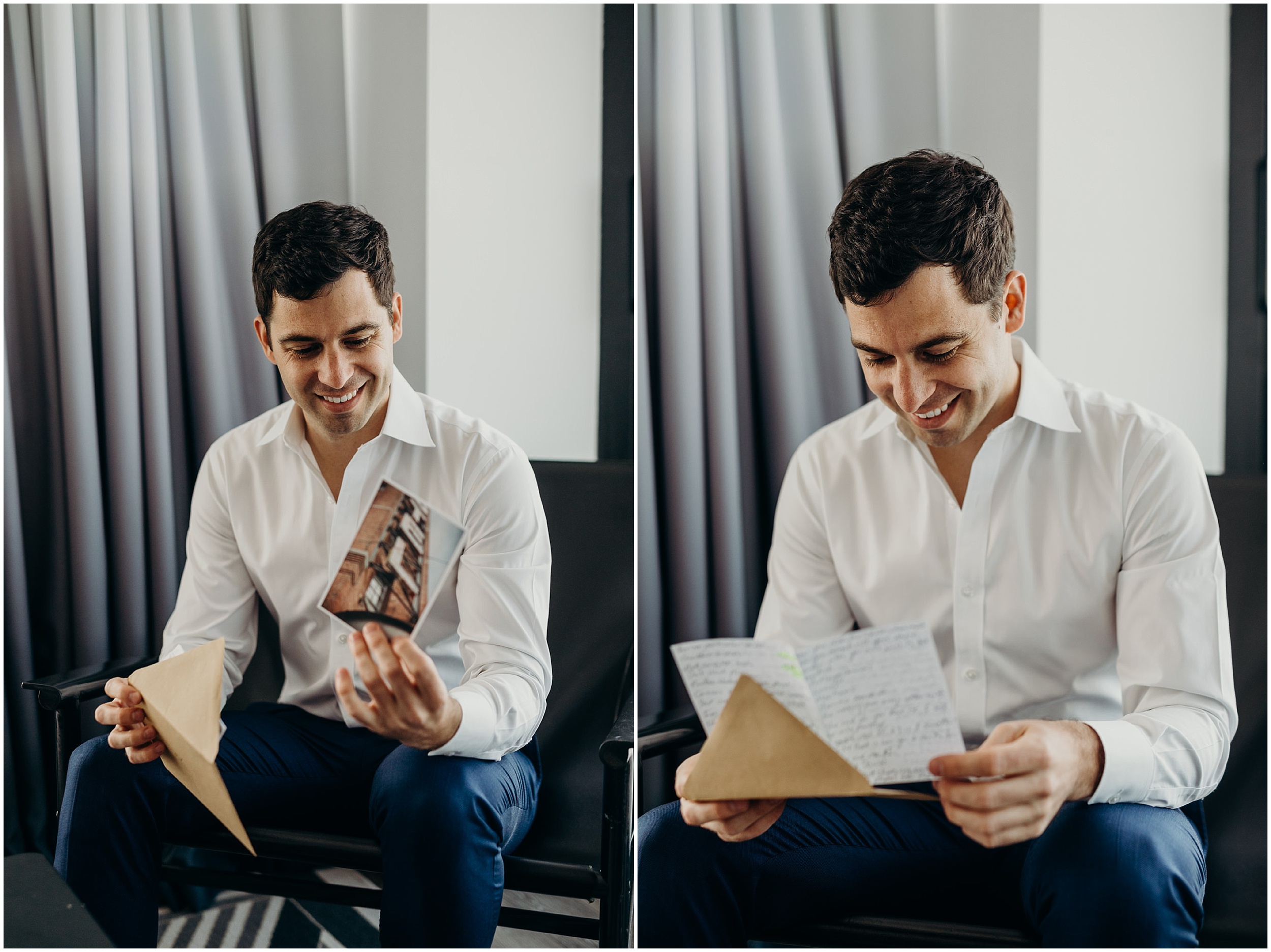 a groom reading a letter at the wythe hotel in brooklyn, new york city