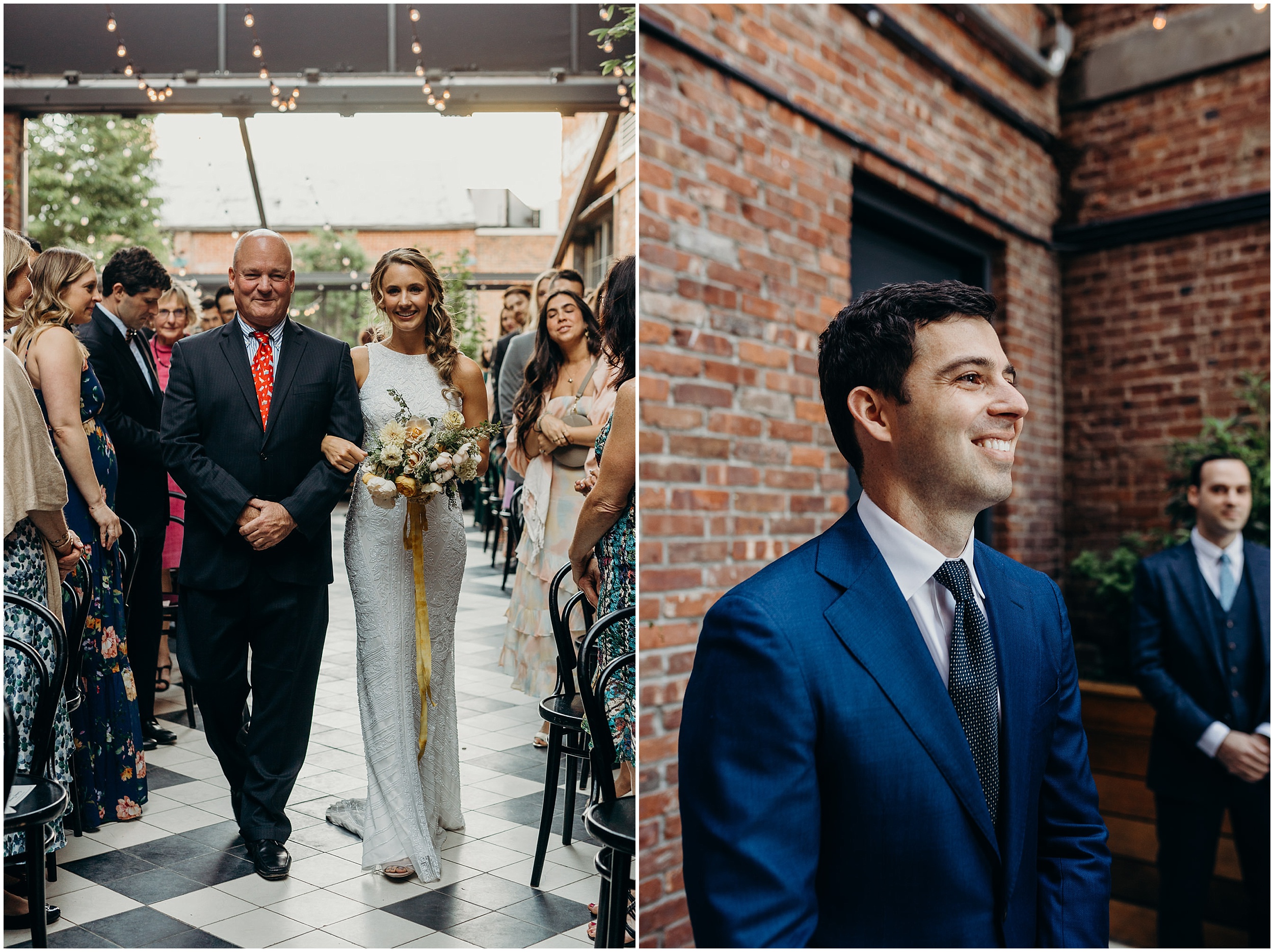 a bride and her father walk down the aisle as the groom looks on at the wythe hotel in brooklyn, new york city