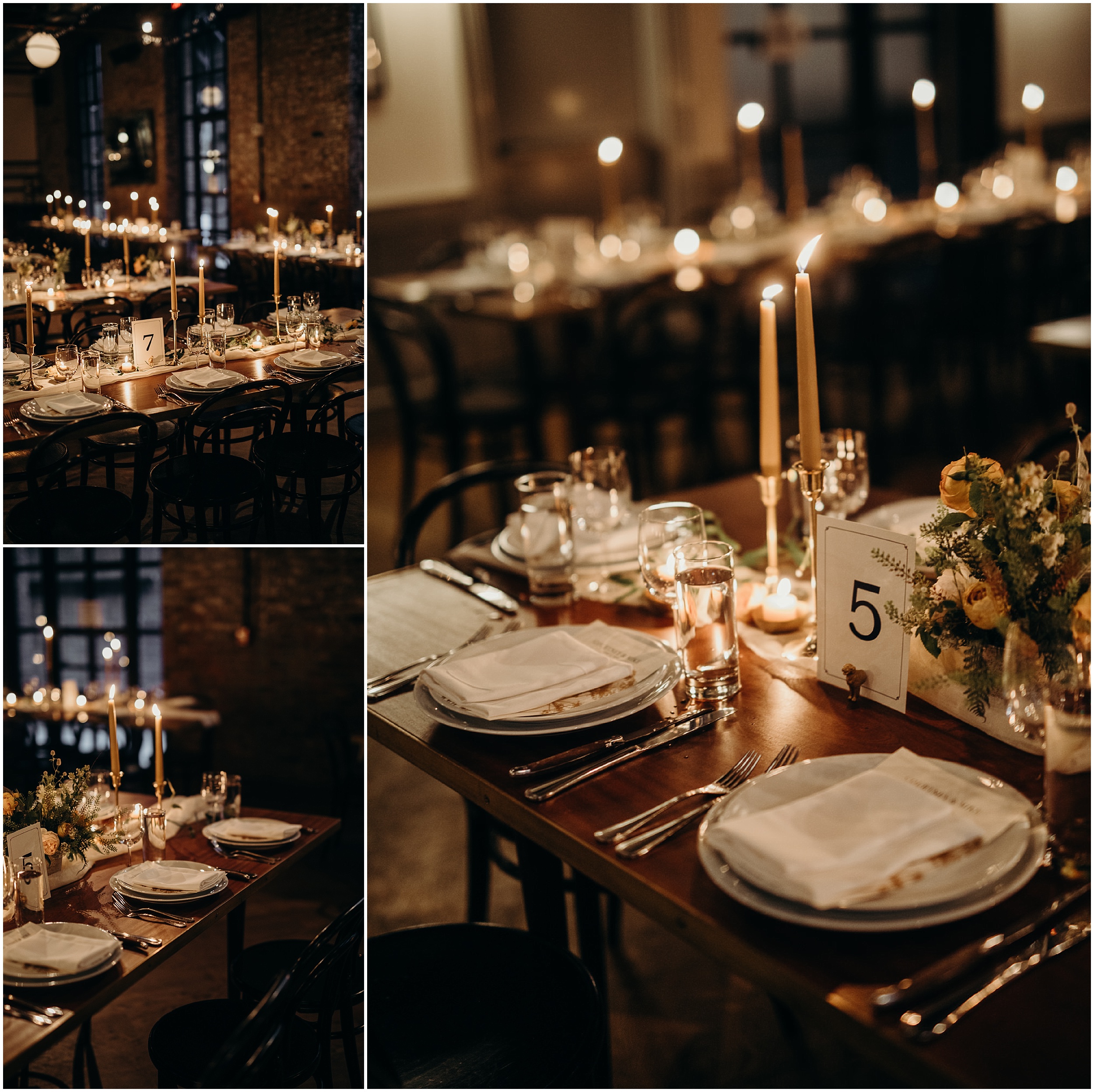 candlelit reception decor at the wythe hotel in brooklyn, new york city
