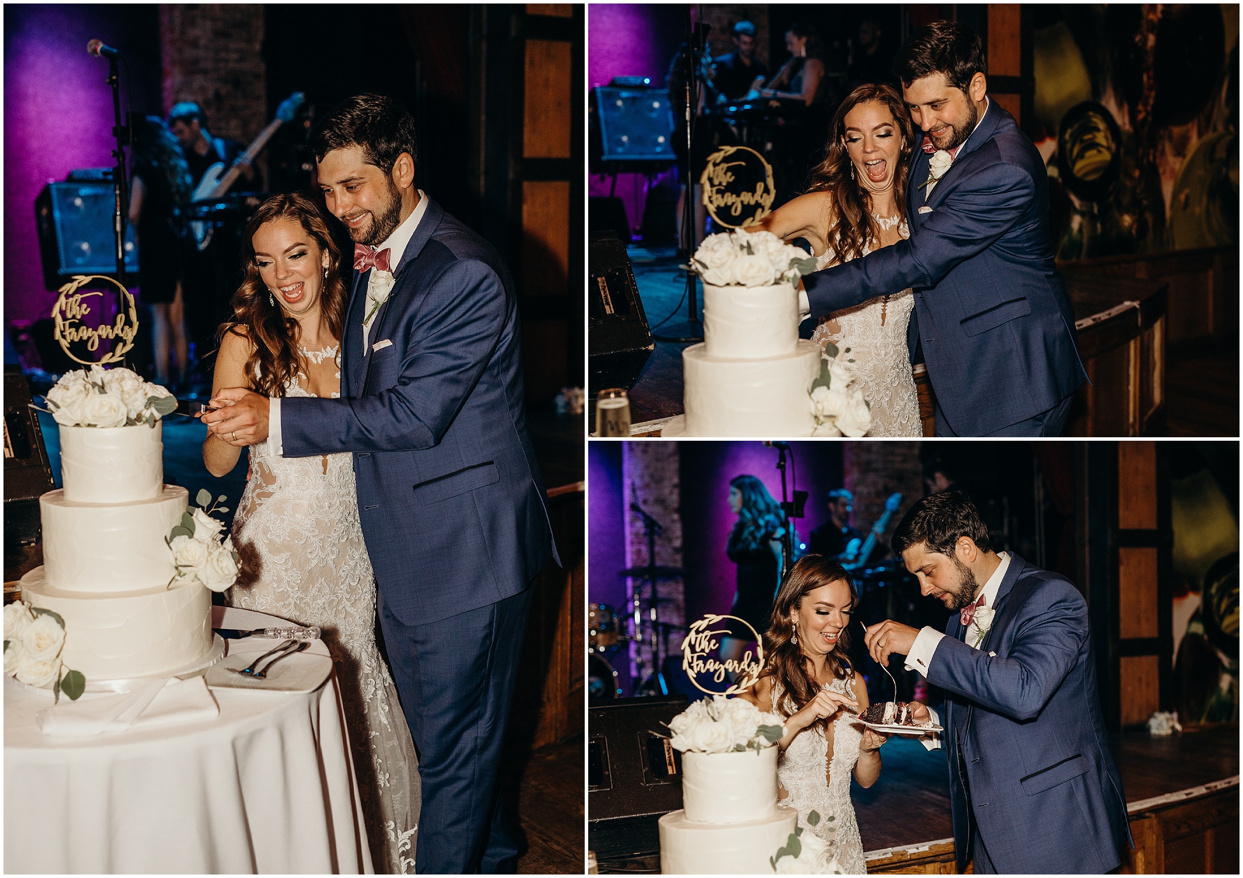 a bride and groom cut their wedding cake at city winery in new york city, new york