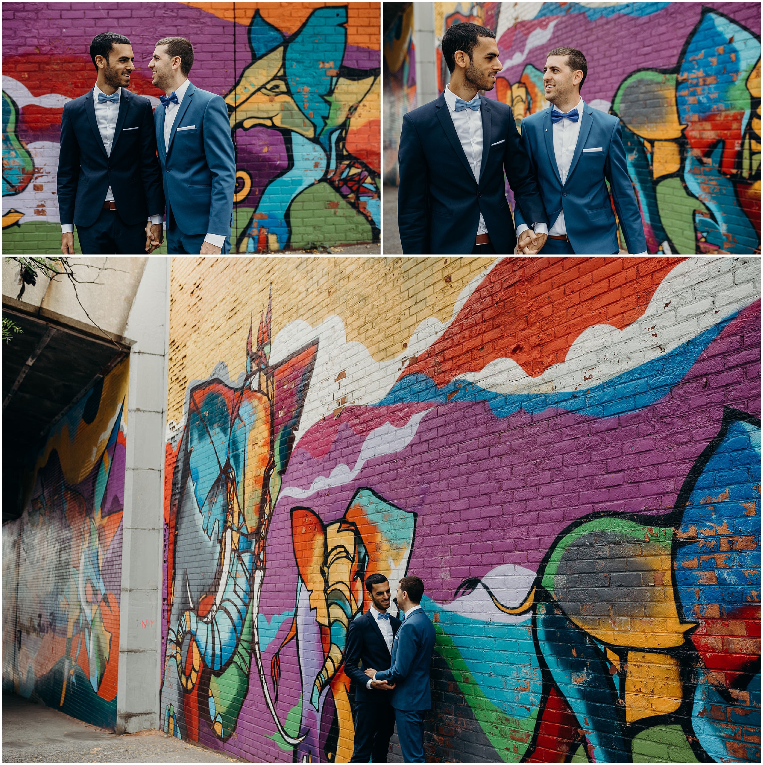 wedding portraits with grooms at brooklyn bridge park in dumbo, brooklyn