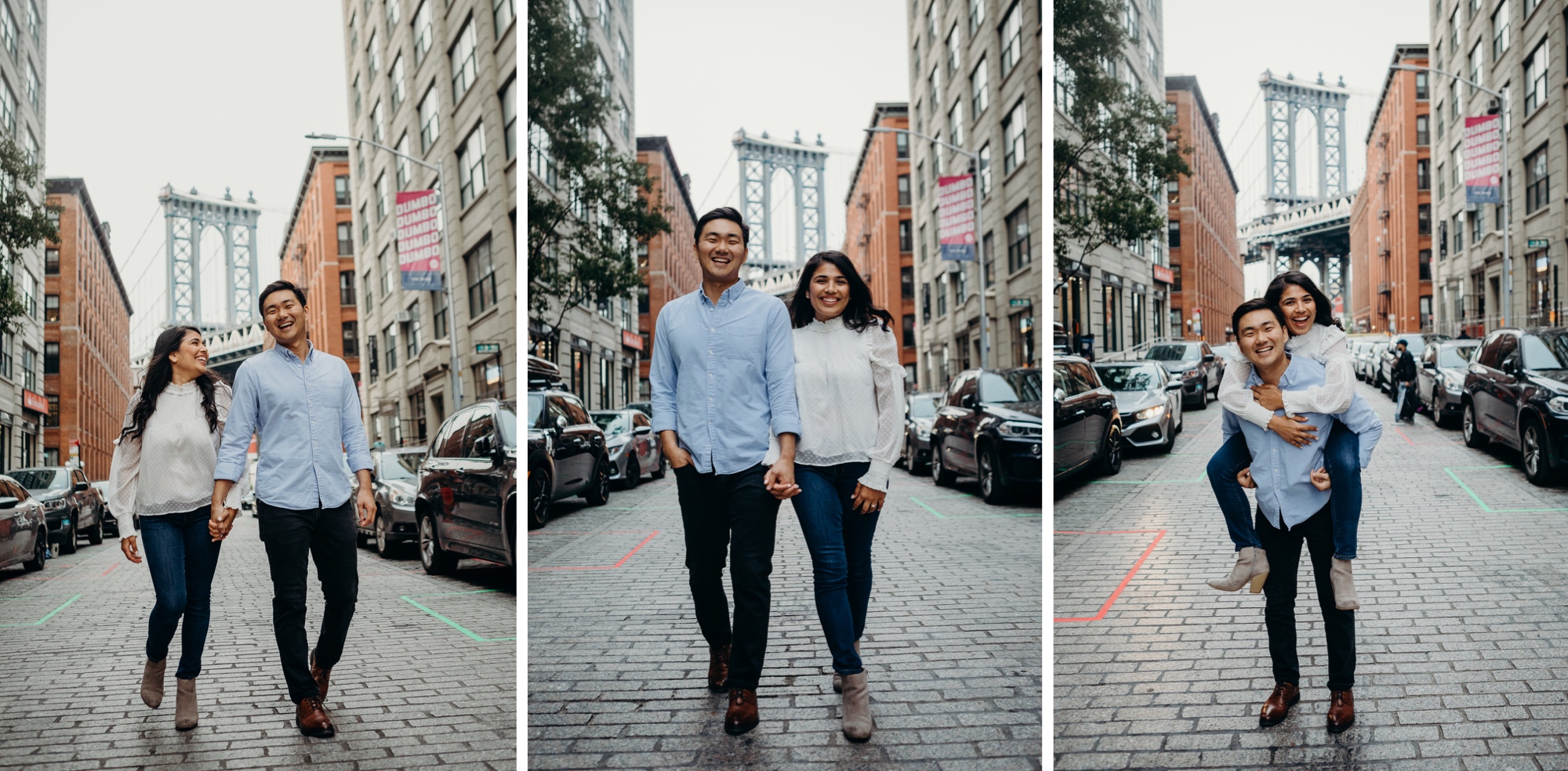 engagement photos of a couple in front of the manhattan bridge, dumbo