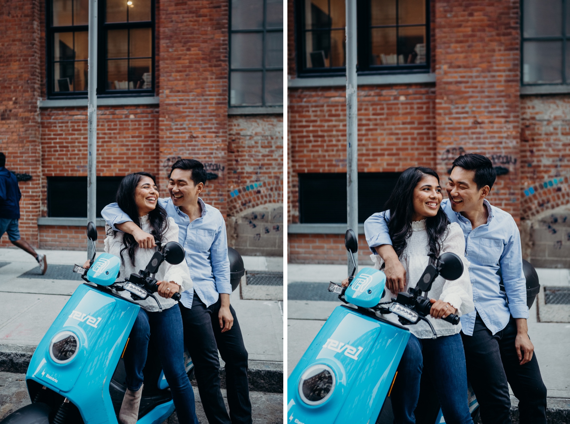 engagement photos of a couple sitting on a scooter at brooklyn bridge park, brooklyn