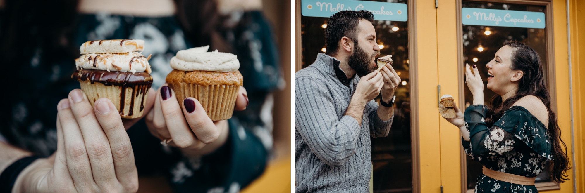 engagement photos of a couple eating cupcakes in the west village, new york city